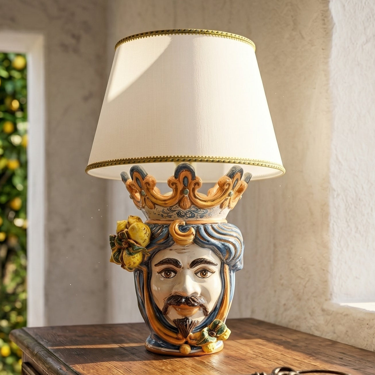 Lume a Testa con Limoni h 70 cm (ceramica h 40 cm, Paralume in Tessuto Ø 45 cm) - Maschio Bianco, Blu e Arancio