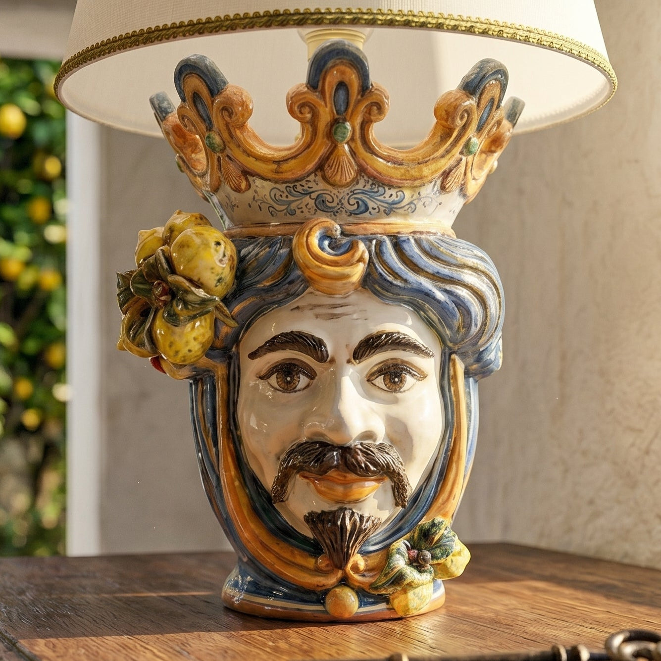 Lume a Testa con Limoni h 70 cm (ceramica h 40 cm, Paralume in Tessuto Ø 45 cm) - Maschio Bianco, Blu e Arancio