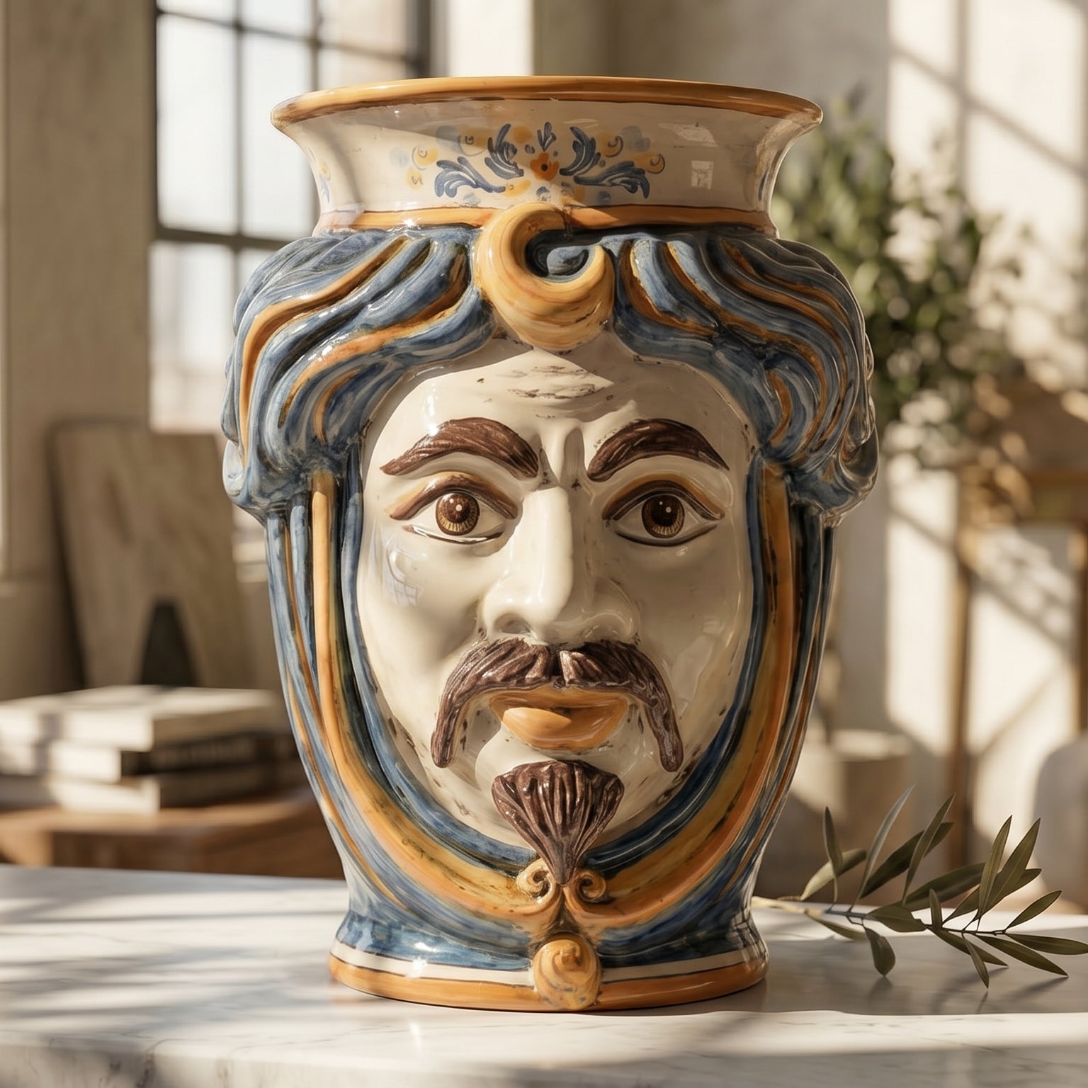 Testa di Moro con Corona h 33 cm - Maschio Bianco, Blu e Arancio