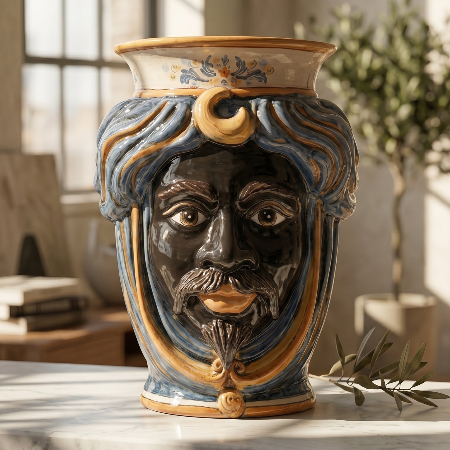 Testa di Moro con Corona h 33 cm - Maschio Moro, Blu e Arancio