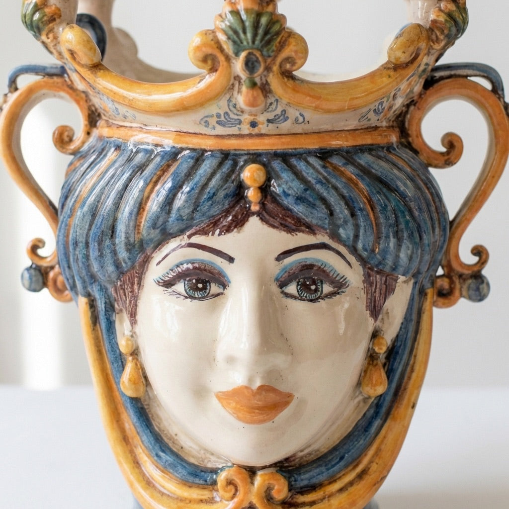 Testa di Moro a Candeliere h 25 cm - Donna, Blu e Arancio