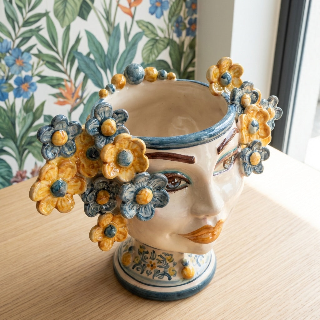 Testa di Moro con Fiori h 20 cm, Blu e Arancio