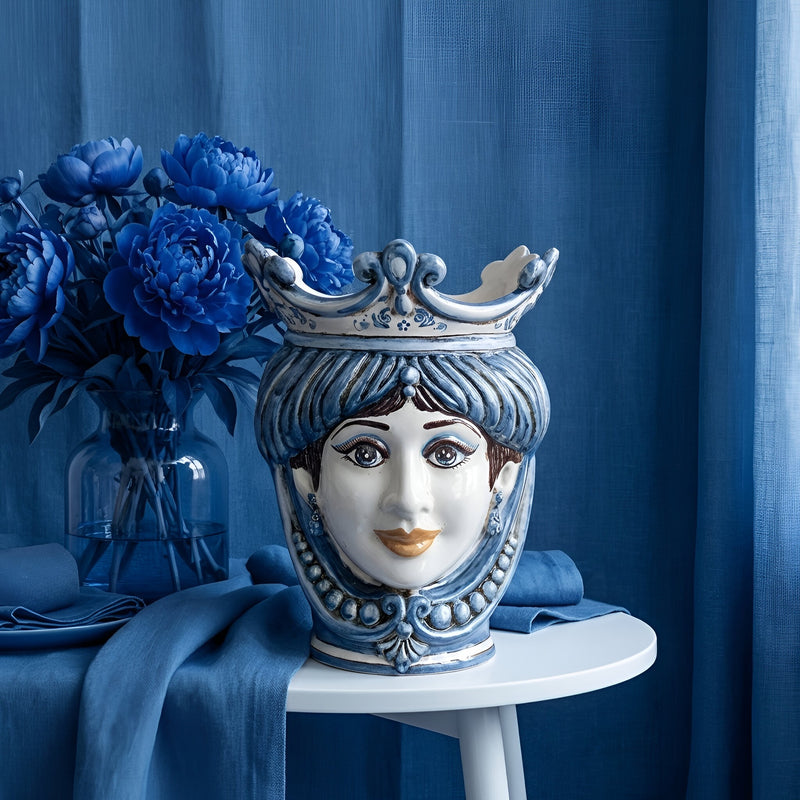 Testa di Moro con Perline h 25 cm - Donna, Mono Blu
