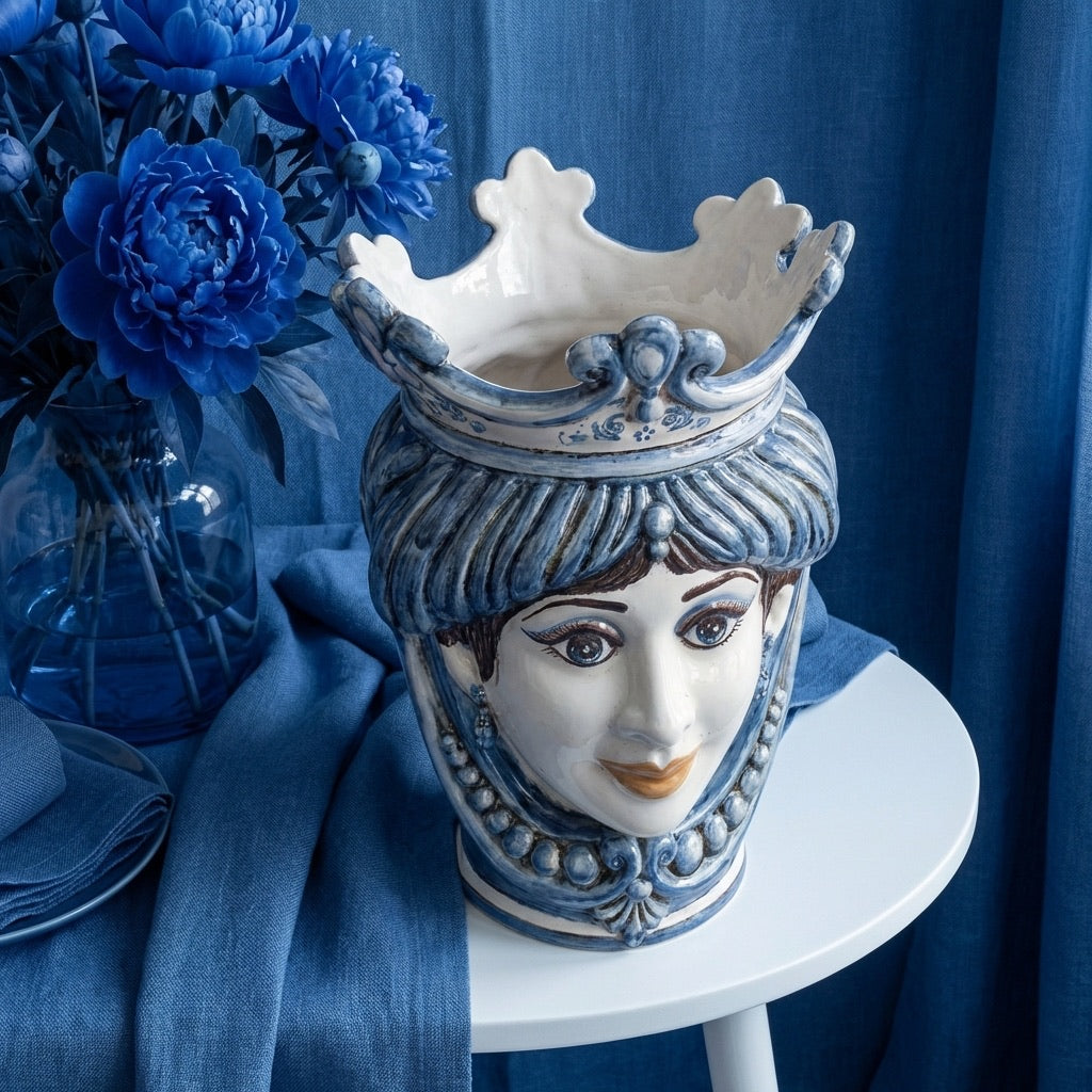 Testa di Moro con Perline h 25 cm - Donna, Mono Blu
