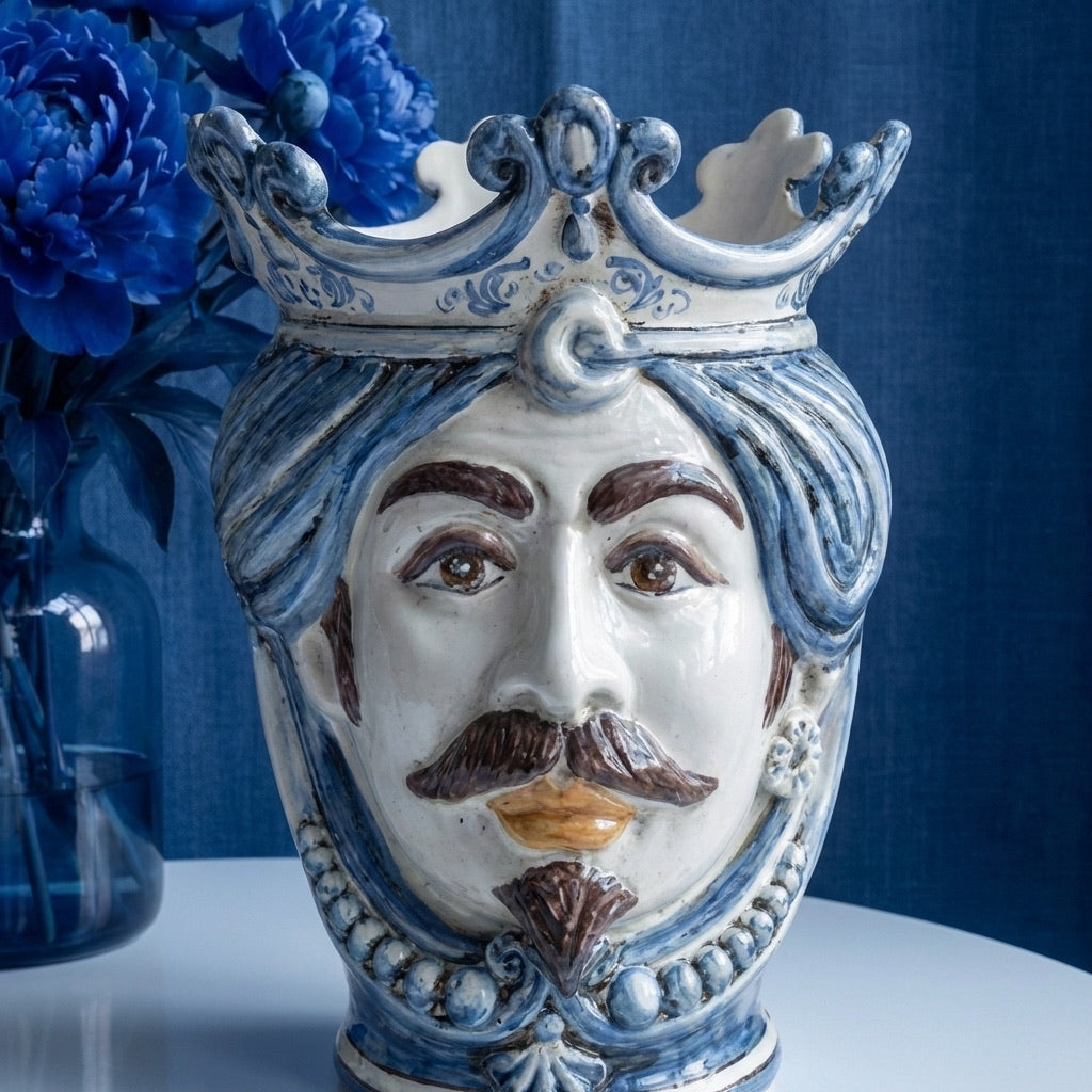 Testa di Moro con Perline h 25 cm - Maschio Bianco, Mono Blu