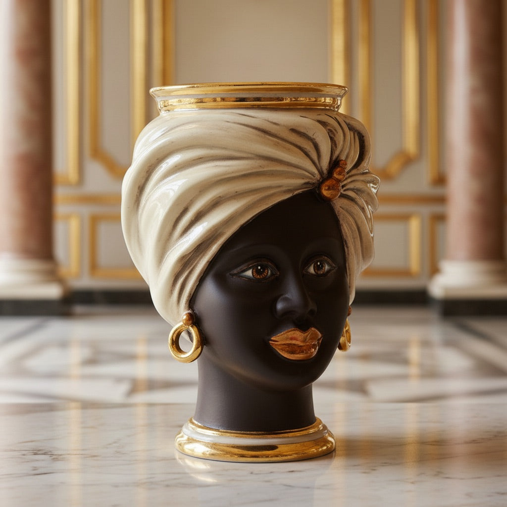 Testa Tuareg h 20 cm - Donna, Madreperla Antichizzato Oro e Lustri