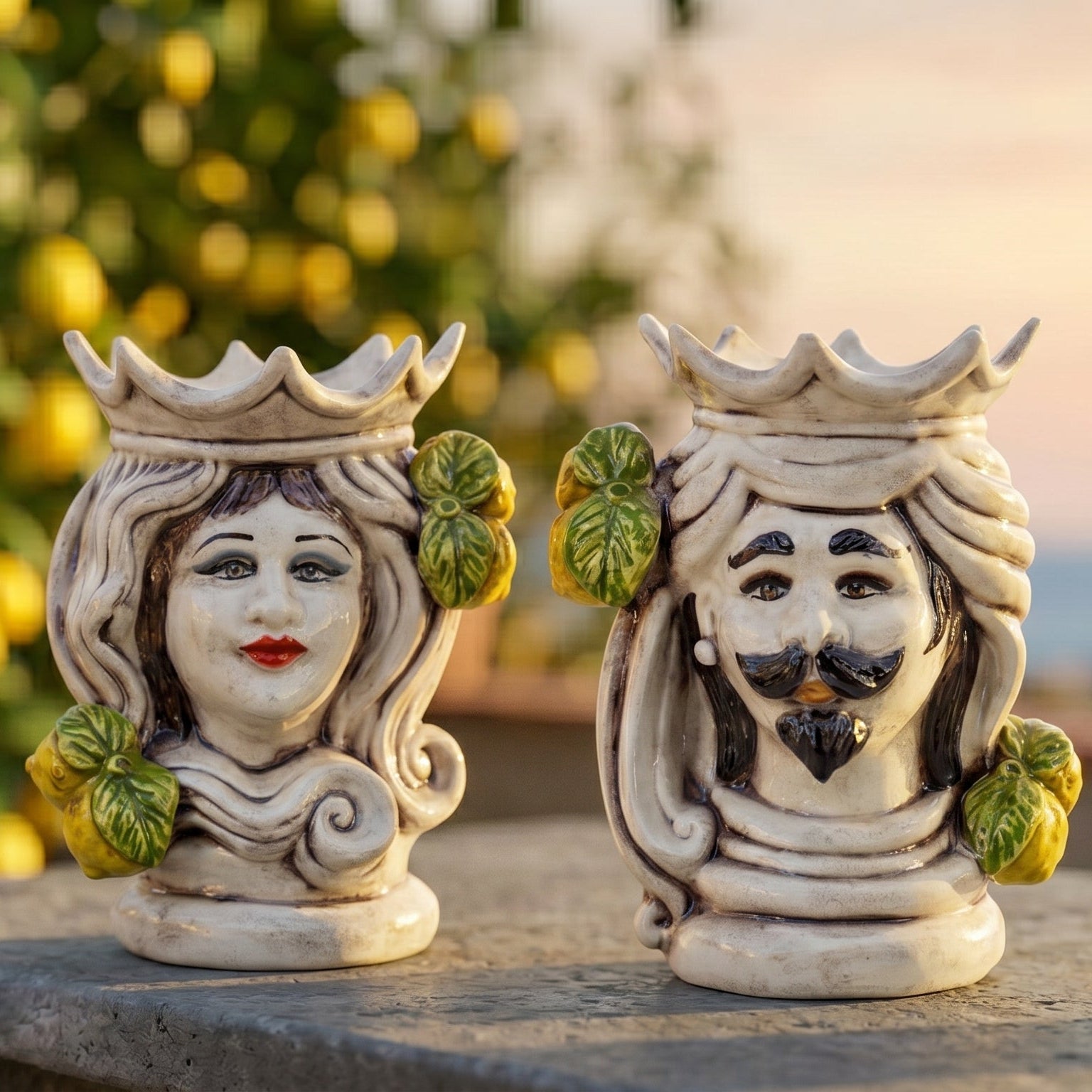Testa di Moro in Ceramica di Caltagirone h 15 cm - Femmina, Limoni di Sicilia, Madreperla Colorato