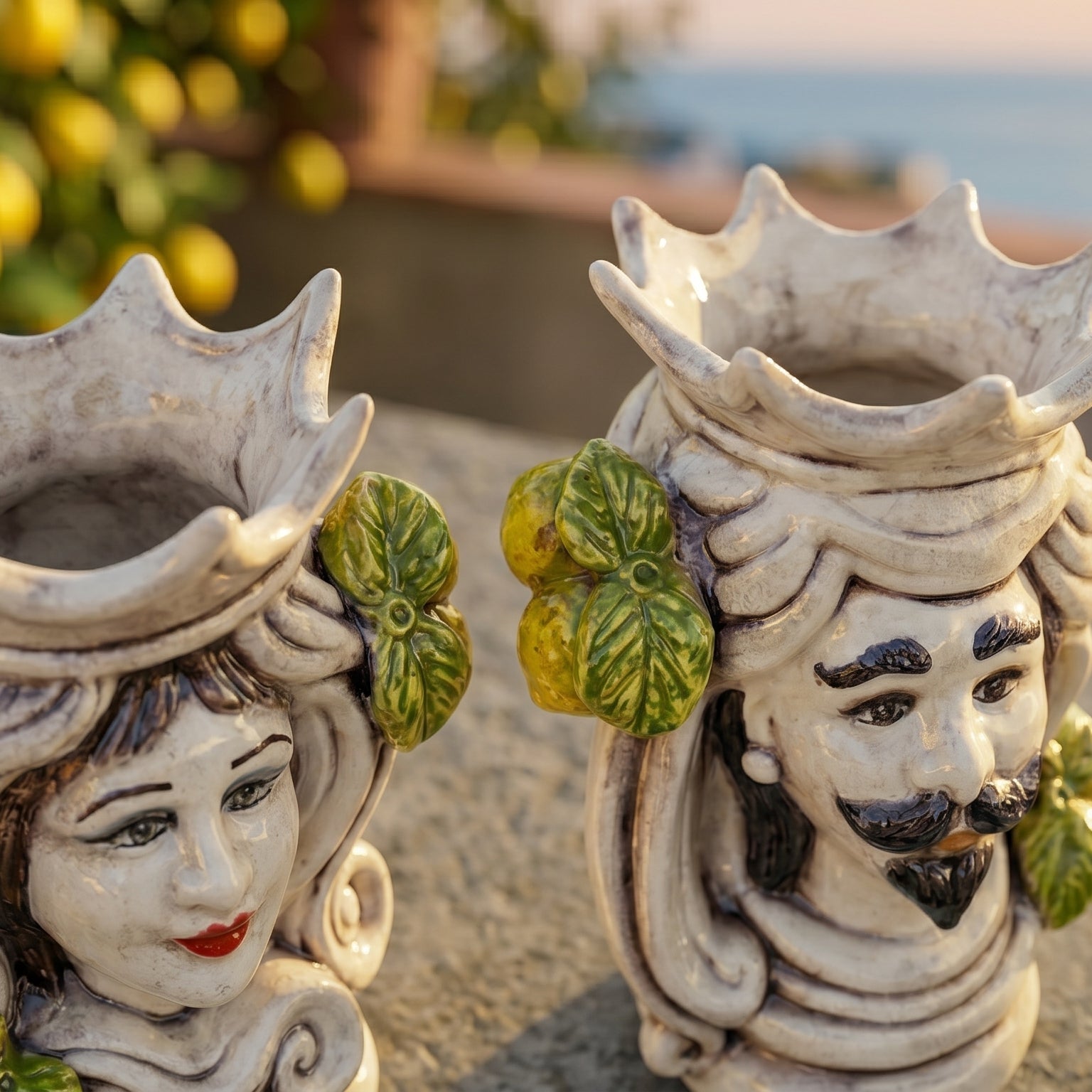 Testa di Moro in Ceramica di Caltagirone h 15 cm - Maschio Bianco, Limoni di Sicilia, Madreperla Colorato