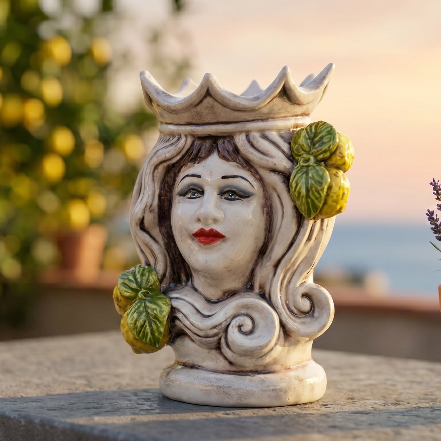 Testa di Moro in Ceramica di Caltagirone h 15 cm - Femmina, Limoni di Sicilia, Madreperla Colorato
