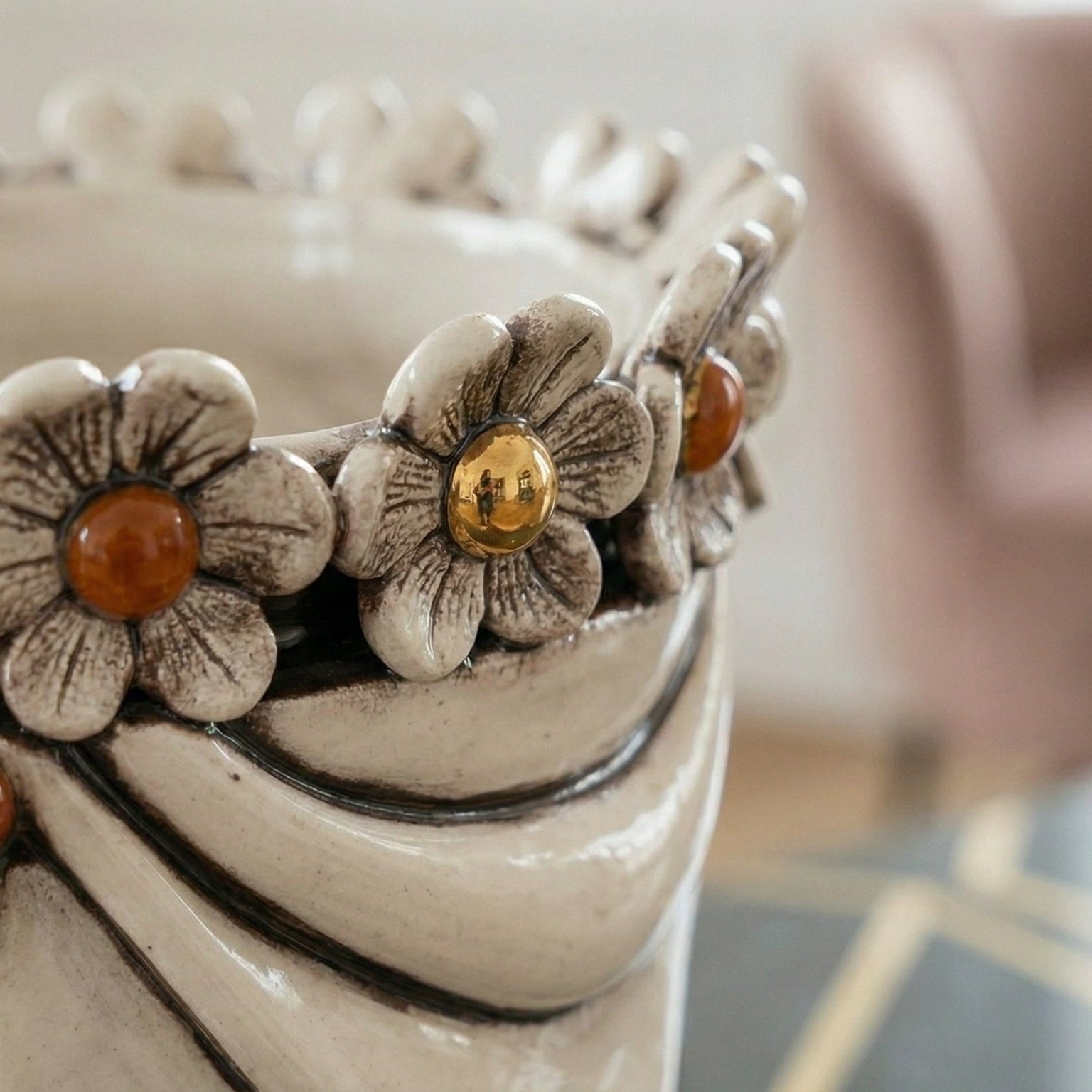 Testa Zahira con Fiori h 30 cm - Uomo, Madreperla Antichizzato Oro e Lustri