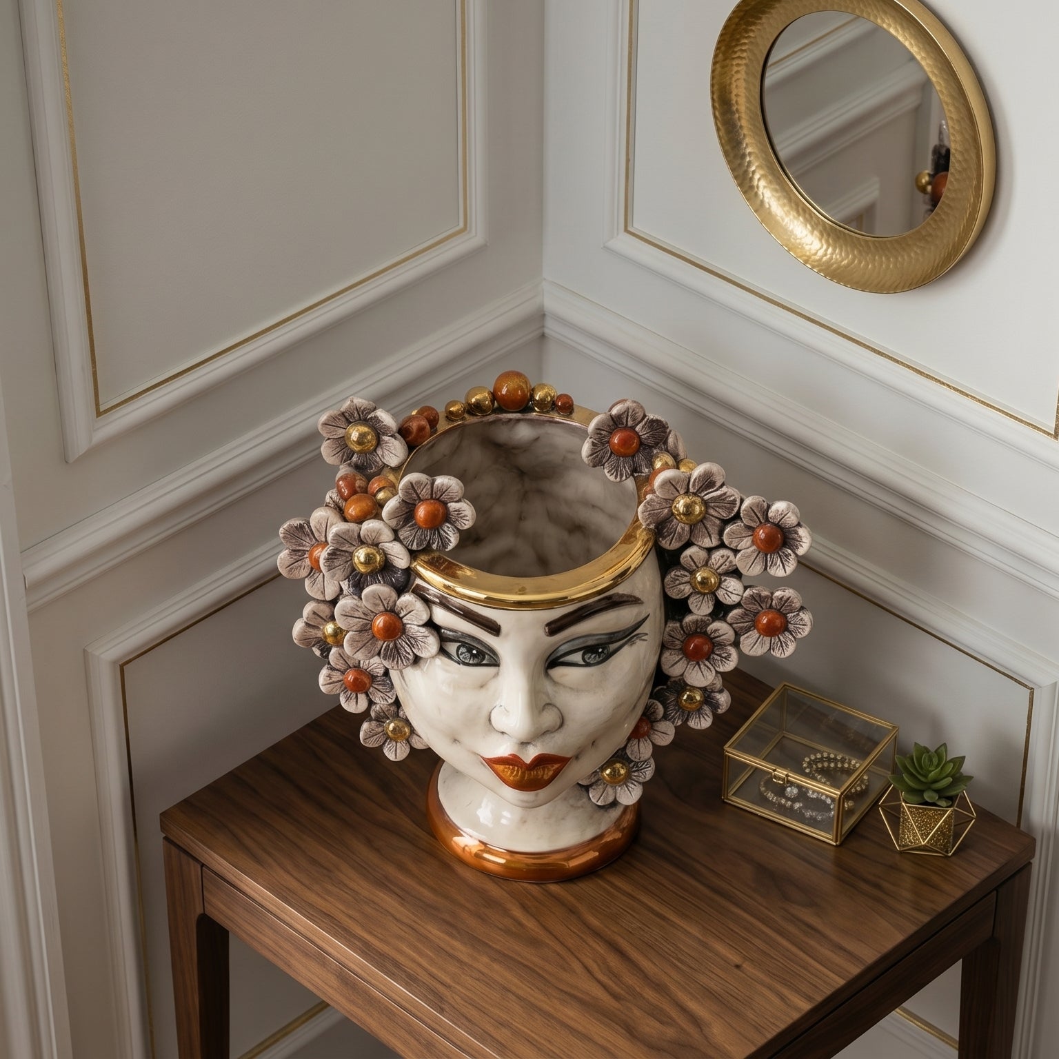 Testa di Moro con Fiori h 20 cm - Donna, Madreperla Antichizzato Oro e Lustri