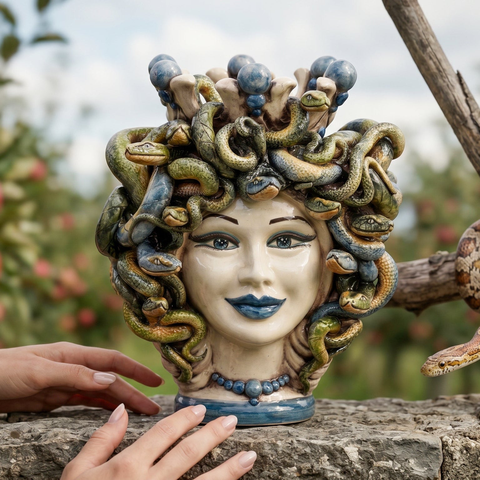 Testa Medusa h 25 cm - con Perline Blu | Ceramica Caltagirone