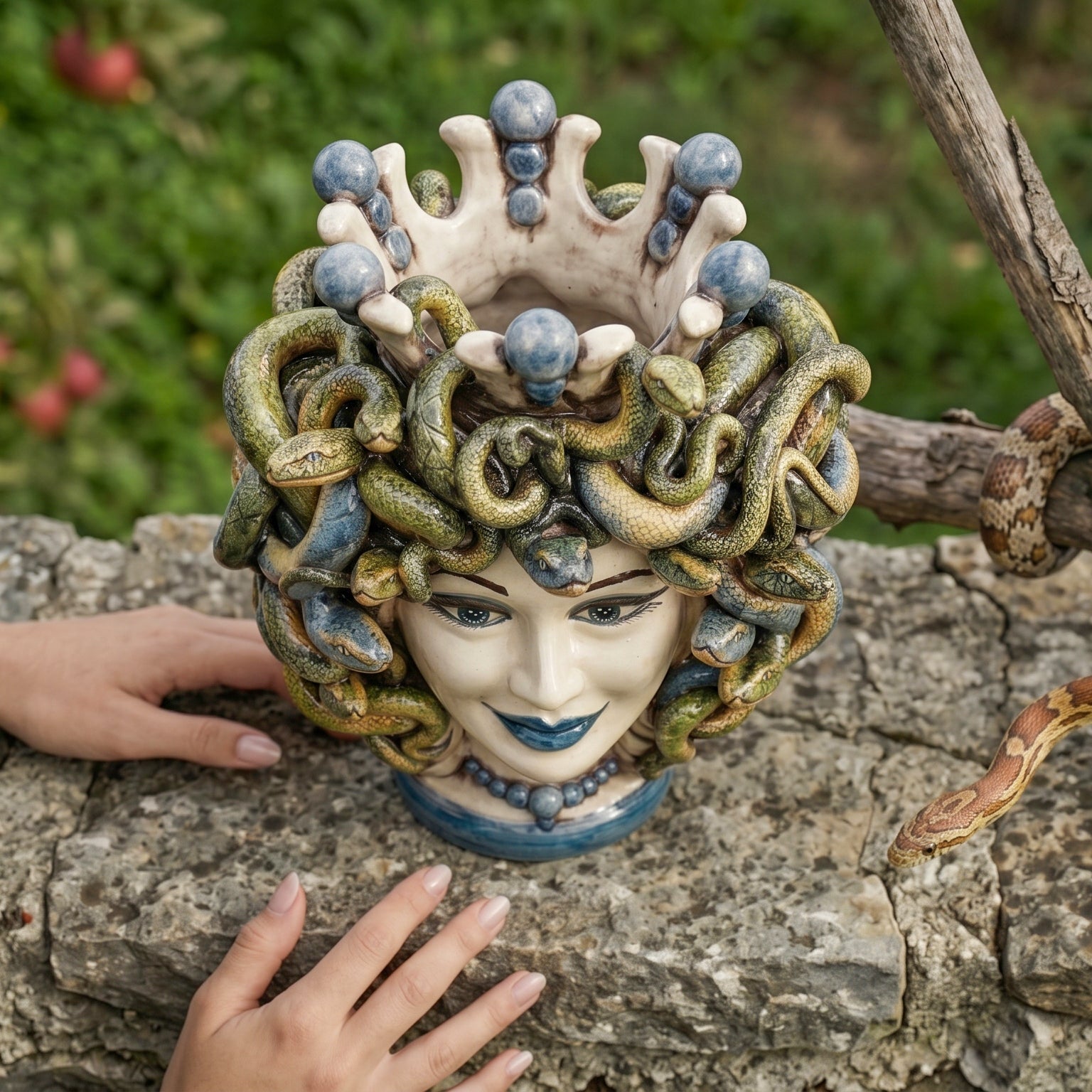 Testa Medusa h 25 cm - con Perline Blu | Ceramica Caltagirone