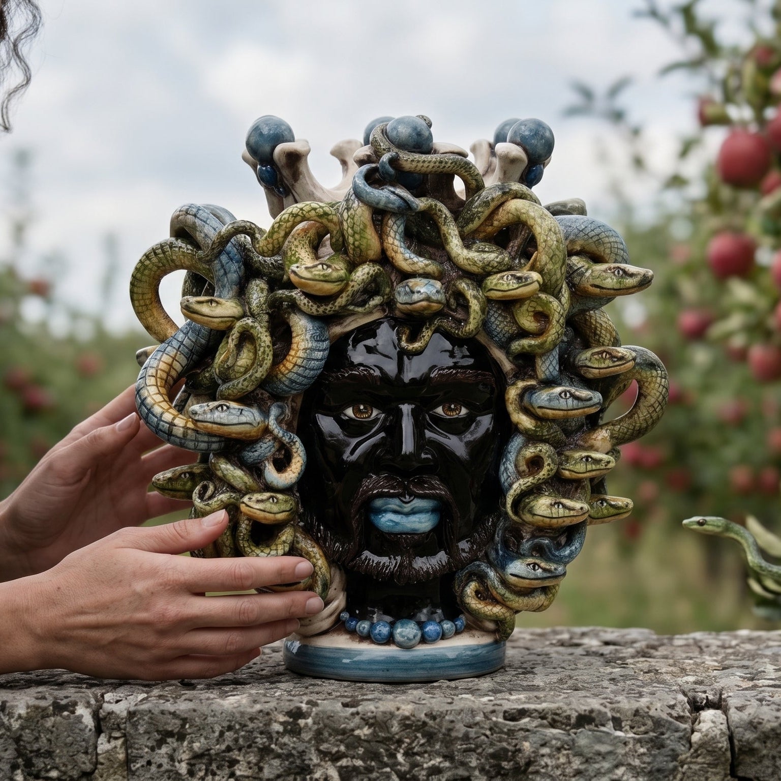 Testa Medusa h 25 cm - con Perline Blu | Ceramica Caltagirone