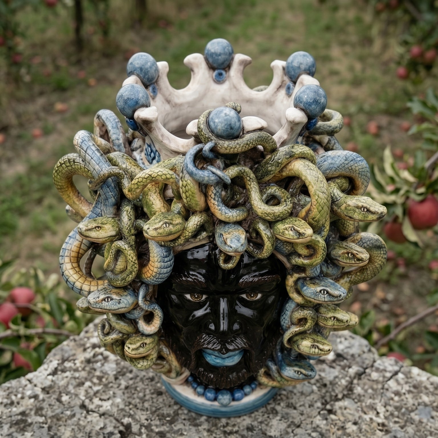 Testa Medusa h 25 cm - con Perline Blu | Ceramica Caltagirone