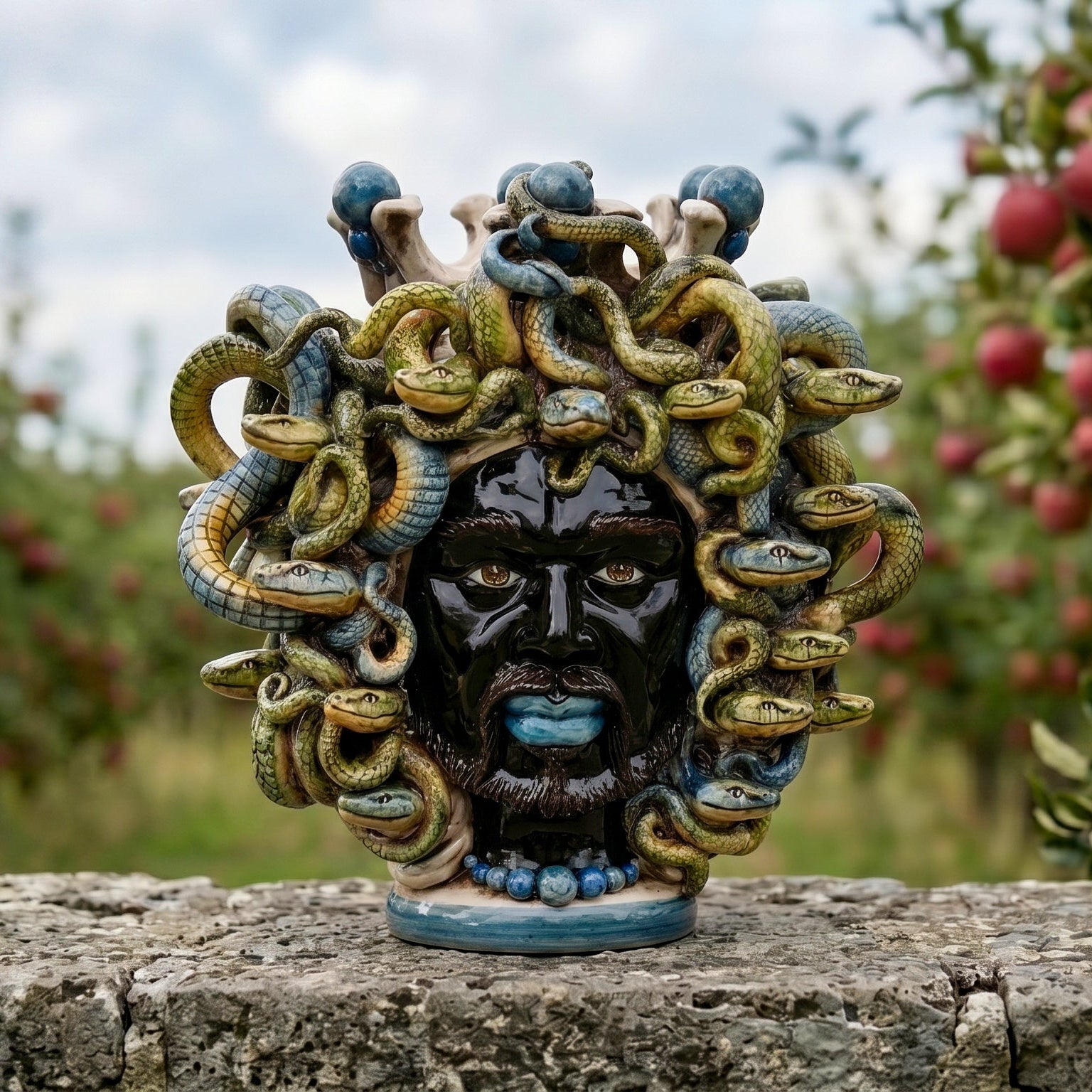 Testa Medusa h 25 cm - con Perline Blu | Ceramica Caltagirone