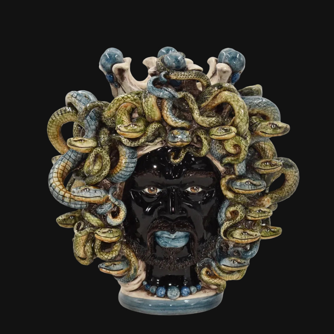 Testa Medusa h 25 cm - con Perline Blu | Ceramica Caltagirone
