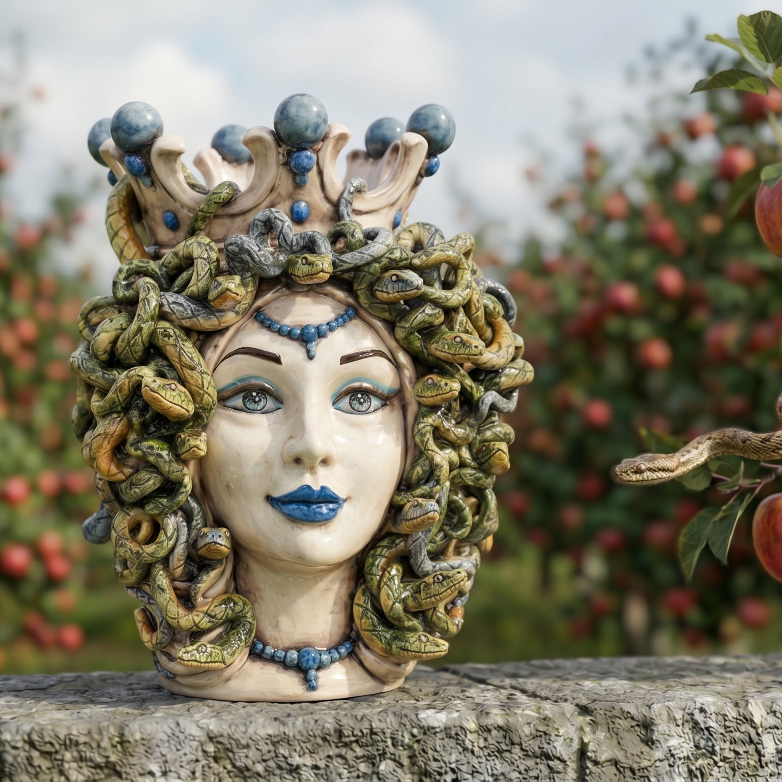 Testa Medusa h 38 cm - Madreperla Antichizzato, Perline Blu | Ceramica Caltagirone