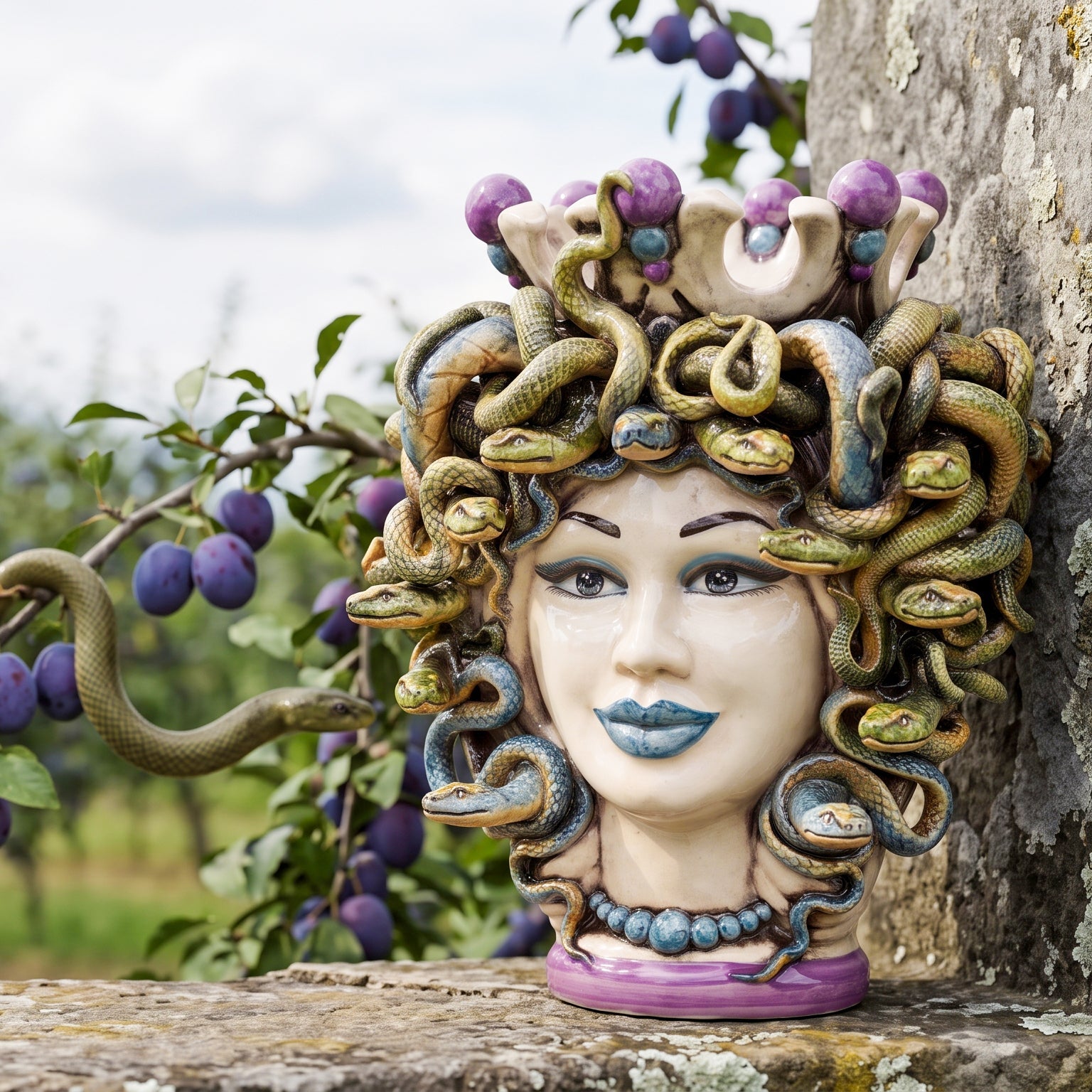 Testa Medusa h 25 cm - con Perline Glicine | Ceramica Siciliana