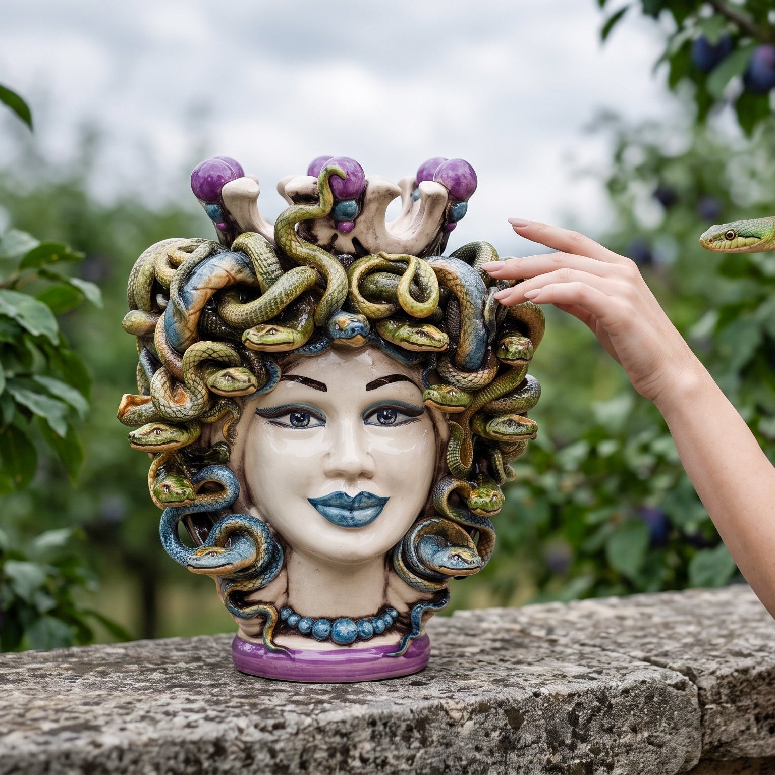 Testa Medusa h 25 cm - con Perline Glicine | Ceramica Siciliana