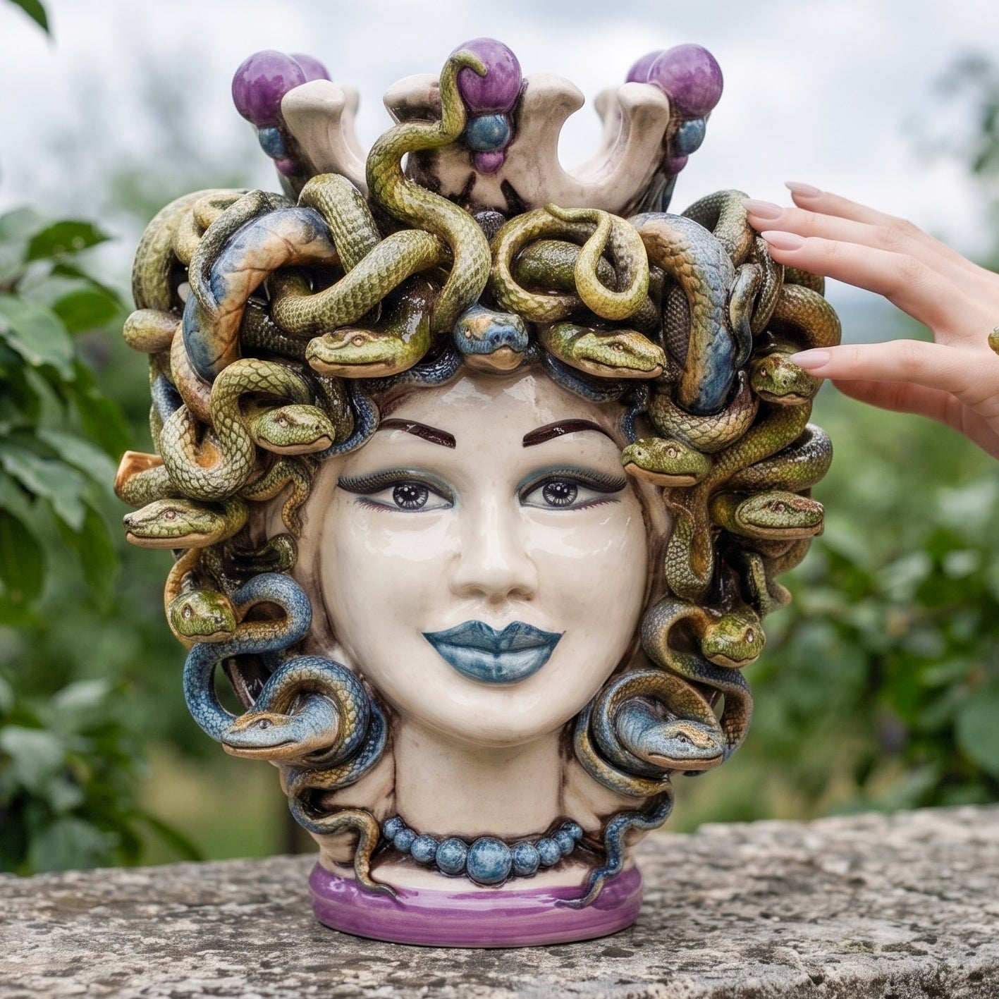 Testa Medusa h 25 cm - con Perline Glicine | Ceramica Siciliana