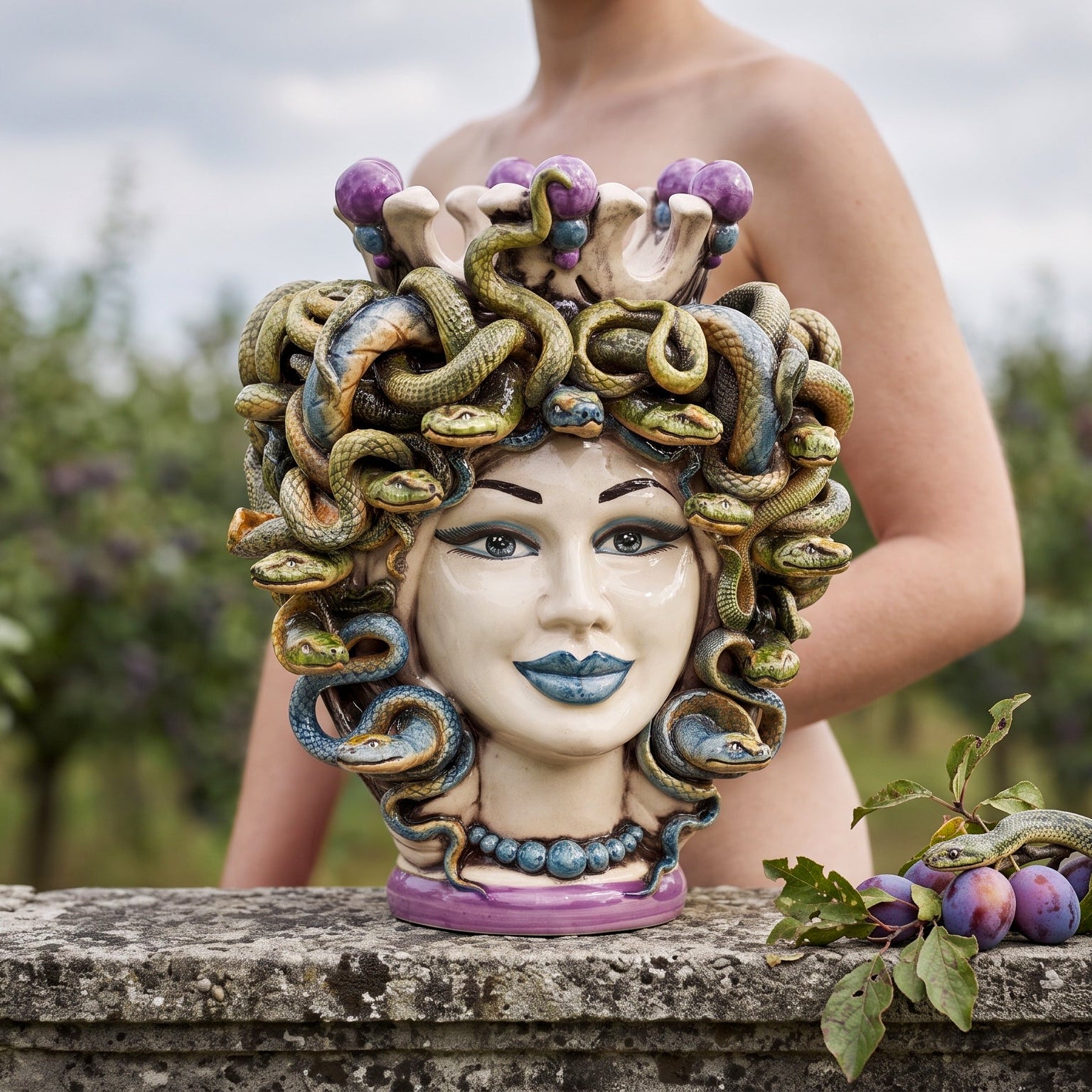 Testa Medusa h 25 cm - con Perline Glicine | Ceramica Siciliana