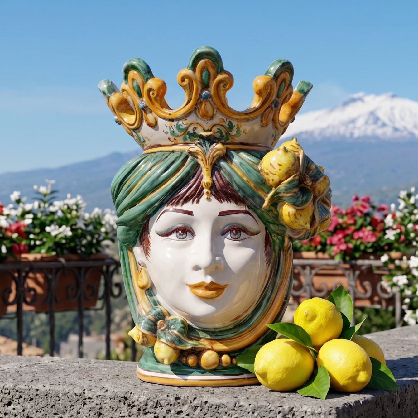 Testa di Moro con Limoni h 40 cm - Donna, Verde e Arancio