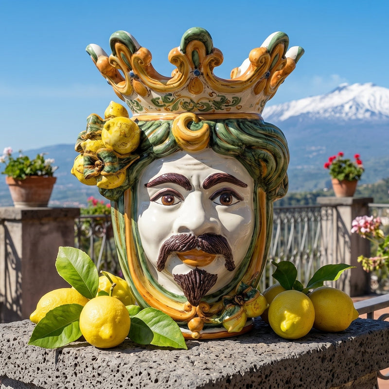 Testa di Moro con Limoni h 40 cm - Maschio Bianco, Verde e Arancio
