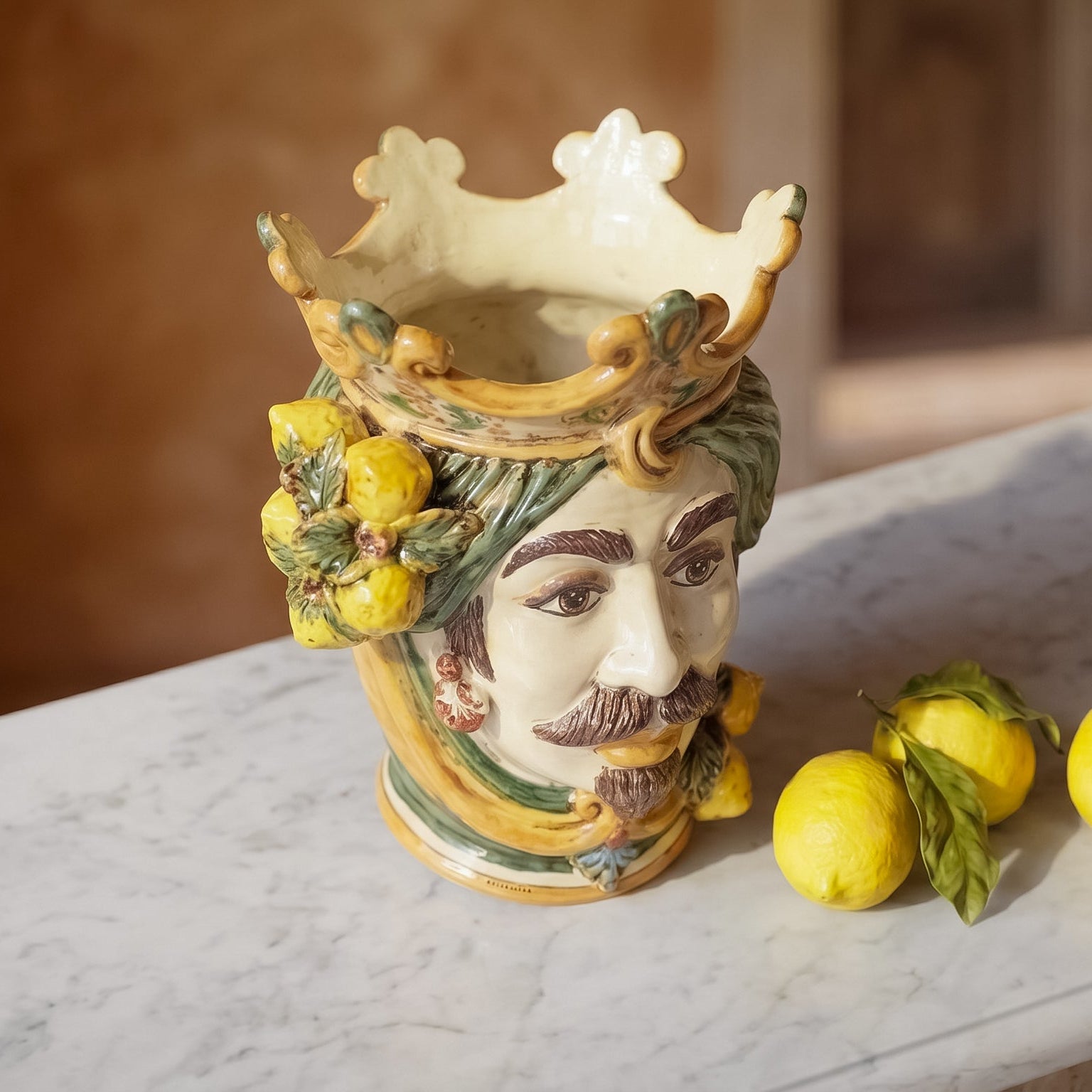Testa di Moro con Limoni h 25 cm - Maschio Bianco, Verde e Arancio