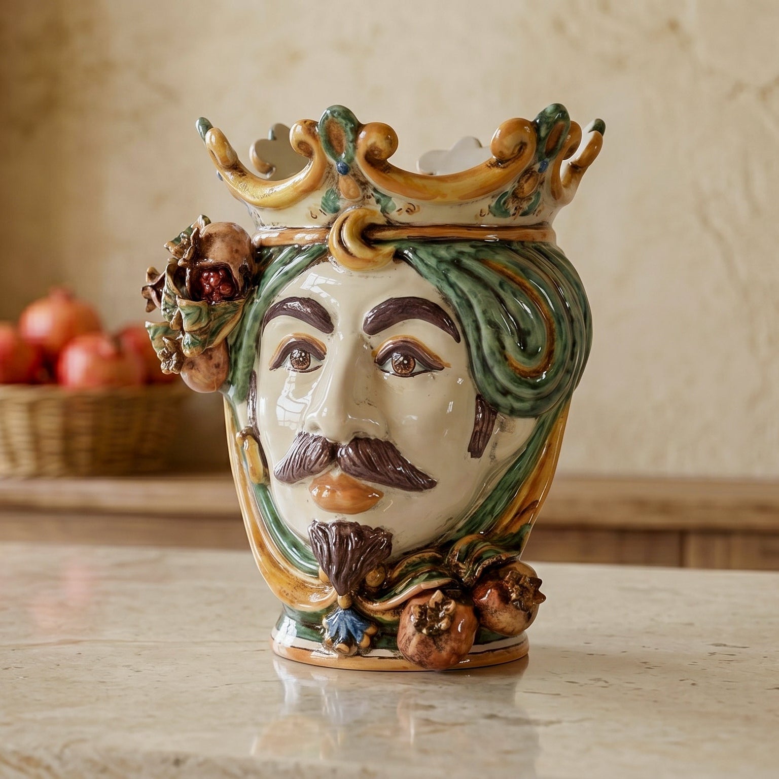Testa di Moro con Melograni h 25 cm - Maschio Bianco, Verde e Arancio