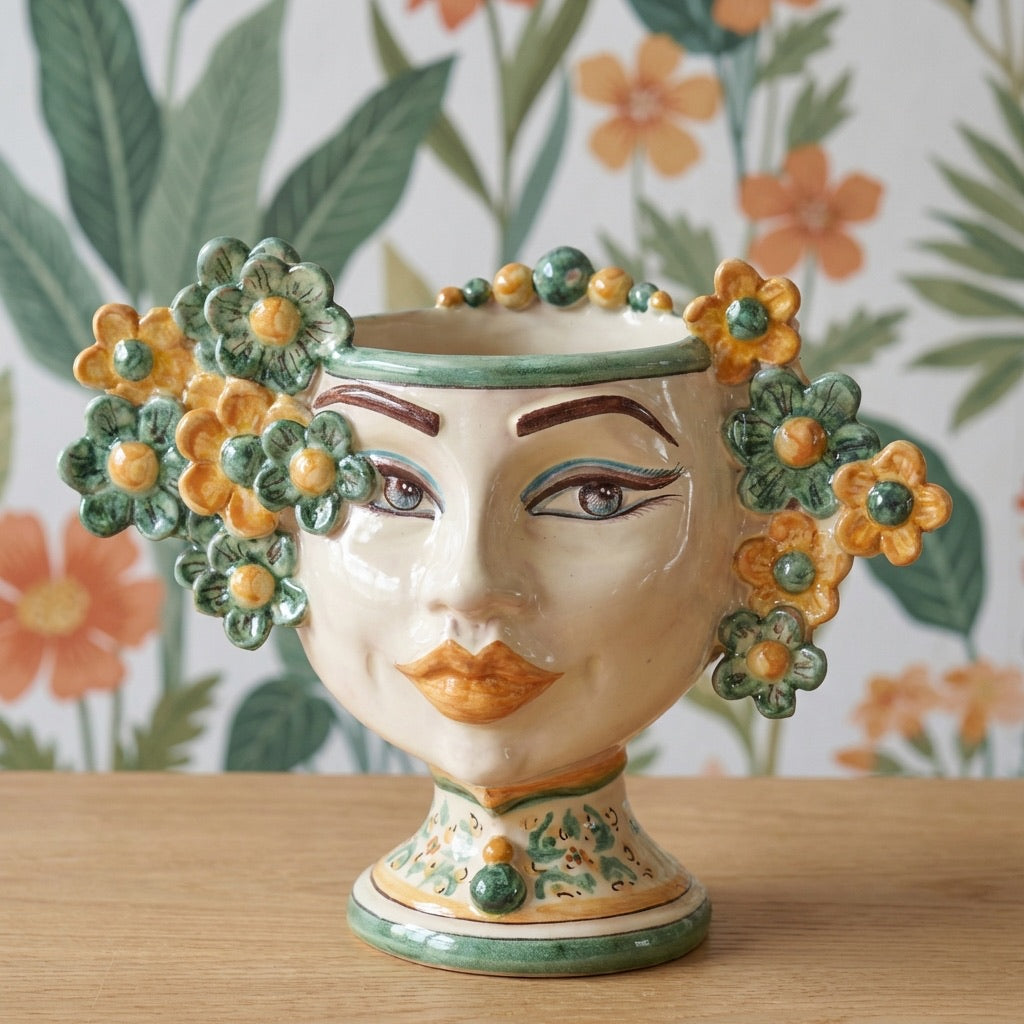 Testa di Moro con Fiori h 20 cm, Verde e Arancio