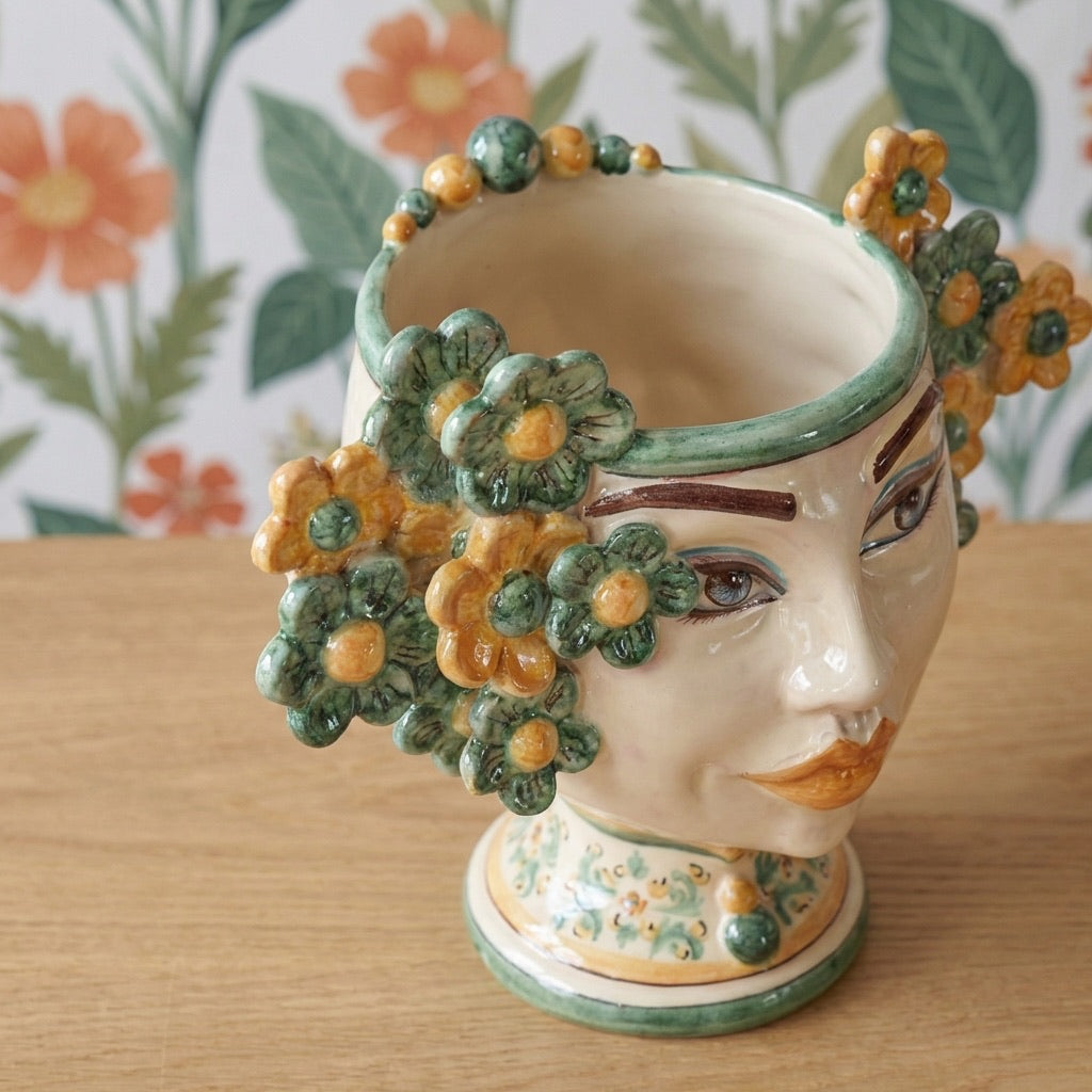 Testa di Moro con Fiori h 20 cm, Verde e Arancio