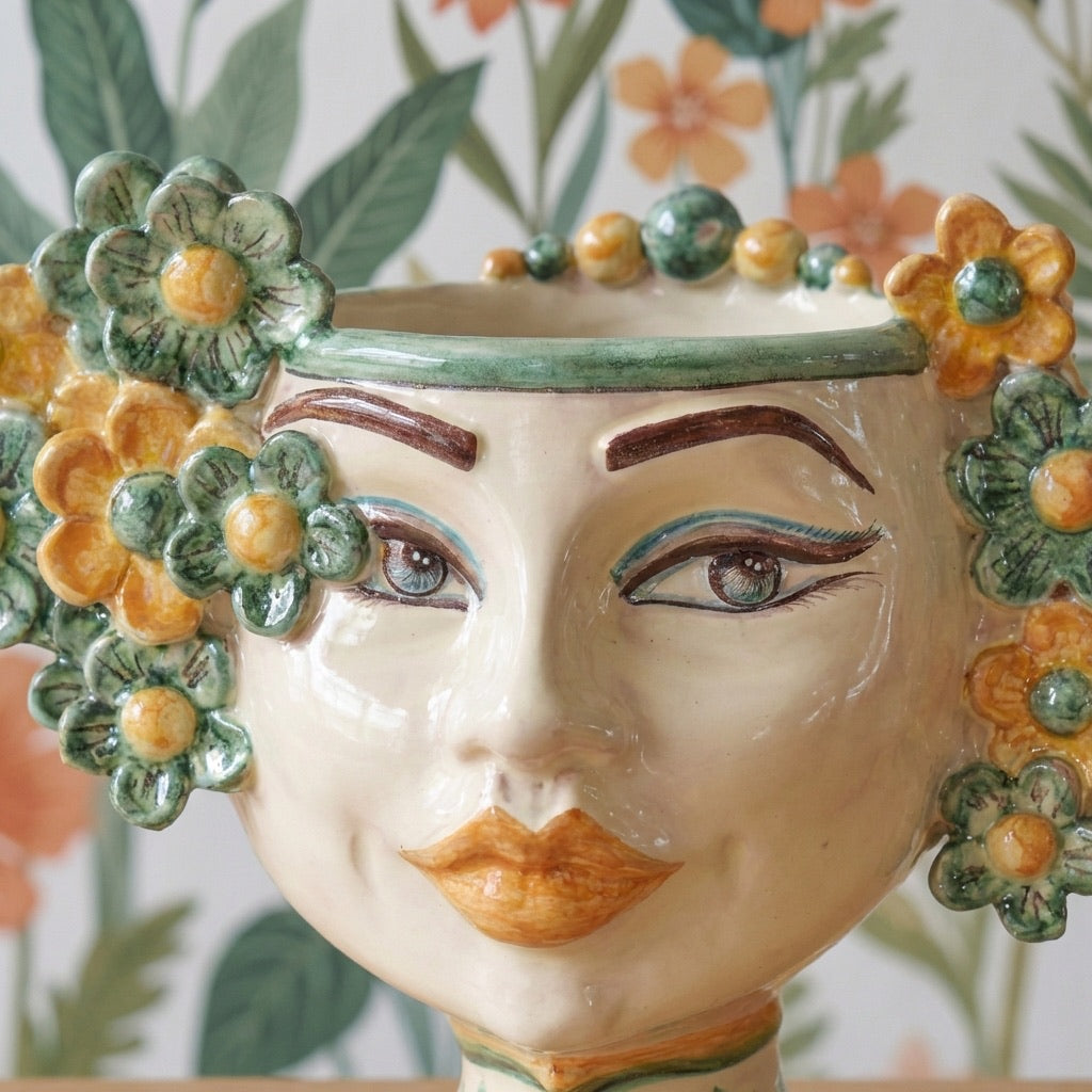 Testa di Moro con Fiori h 20 cm, Verde e Arancio