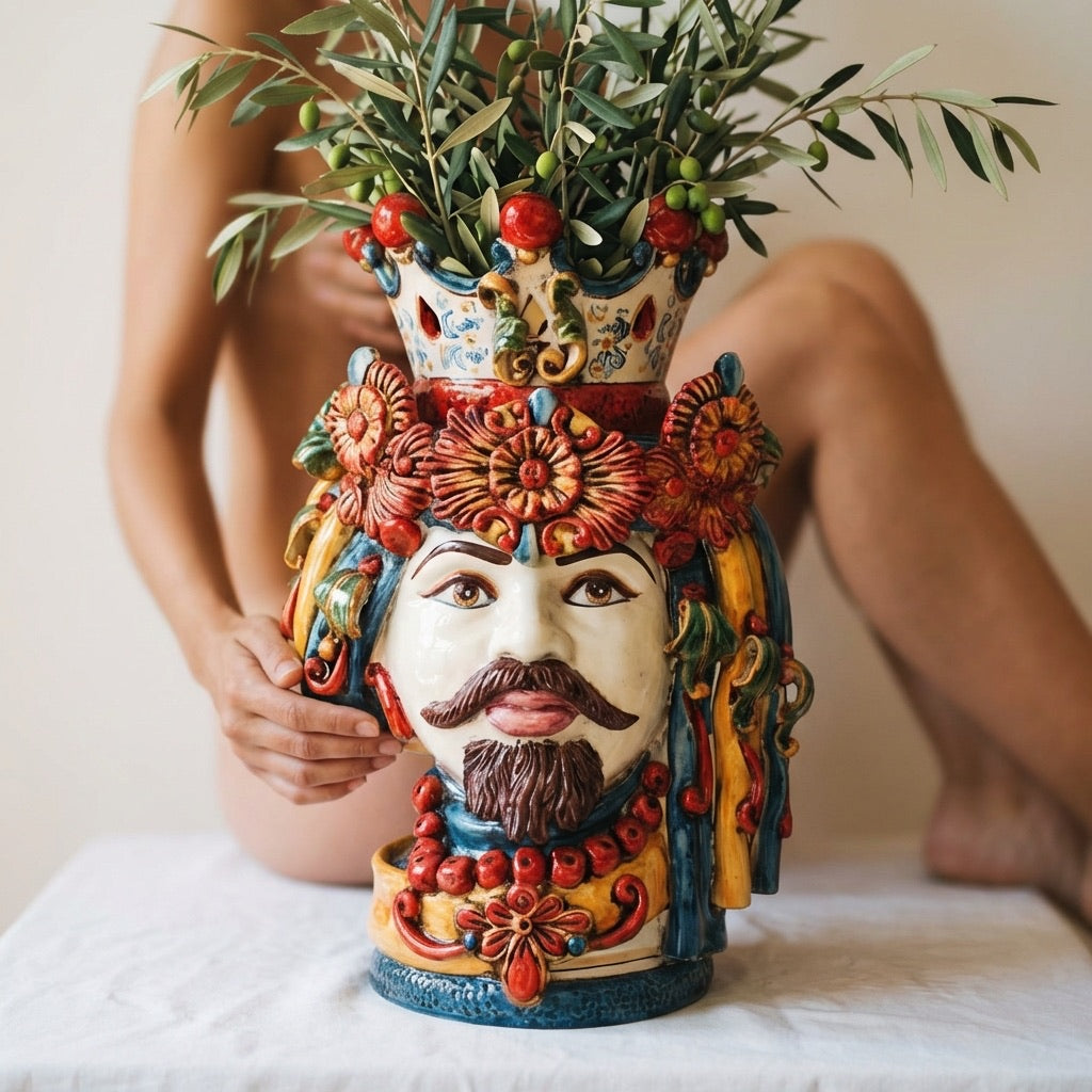 Testa di Moro con Turbante h 50 cm - Maschio Bianco, Decoro Sicily