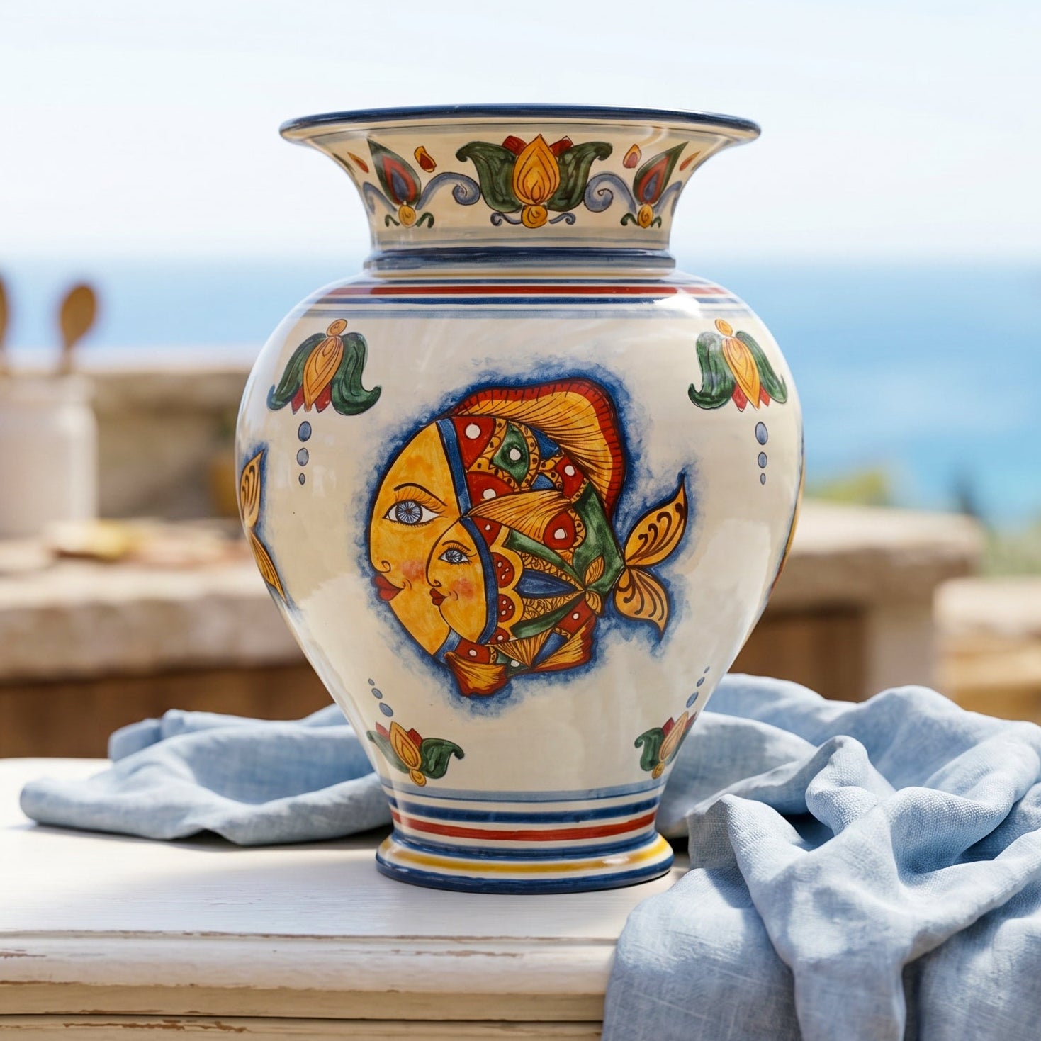 Vaso a Collo Alto in Ceramica di Caltagirone h 30 cm - Decoro Pesci