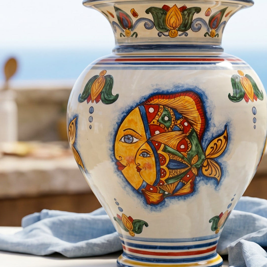 Vaso a Collo Alto in Ceramica di Caltagirone h 30 cm - Decoro Pesci