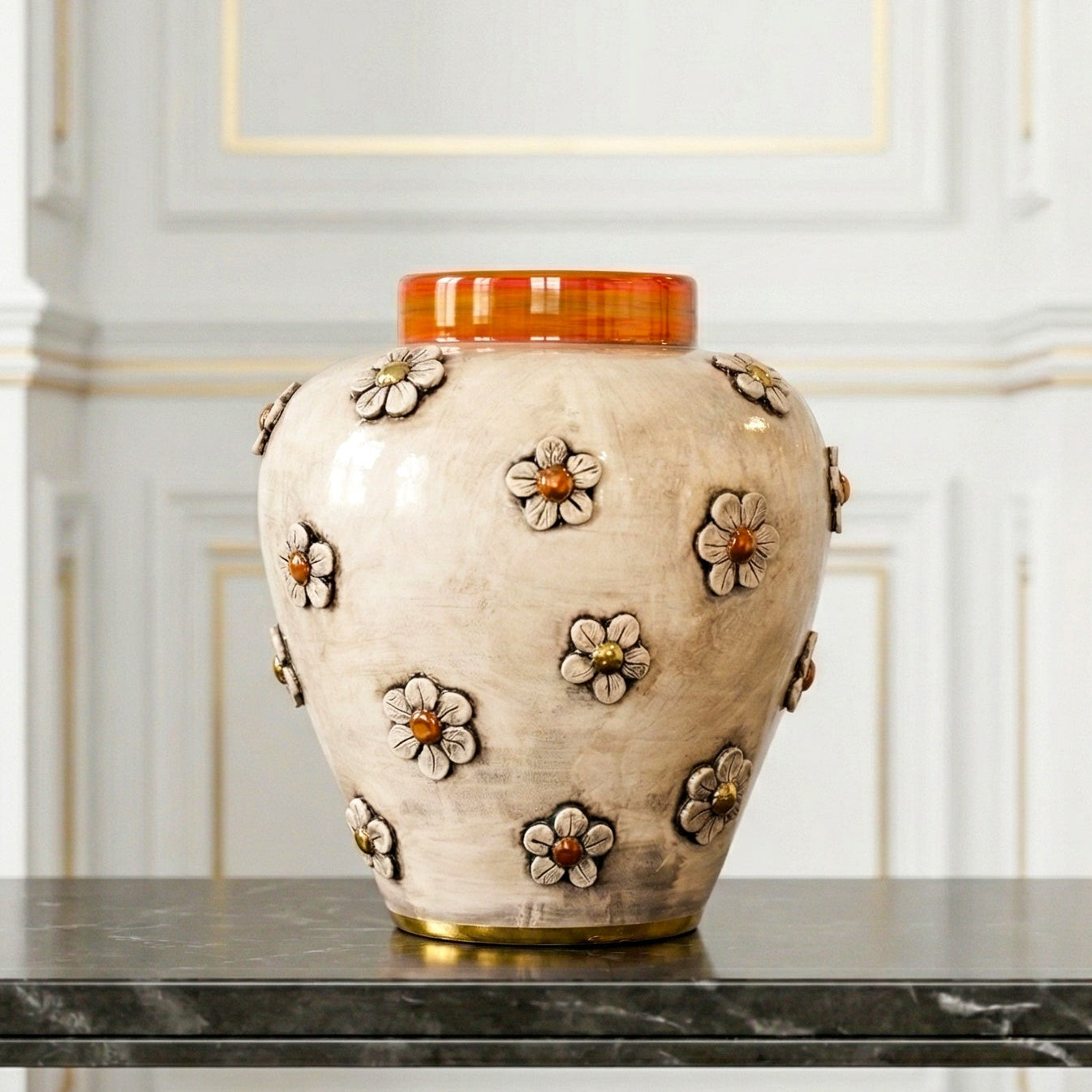 Vaso boccia c/fiori h 27 madreperla antichizzato oro e lustri