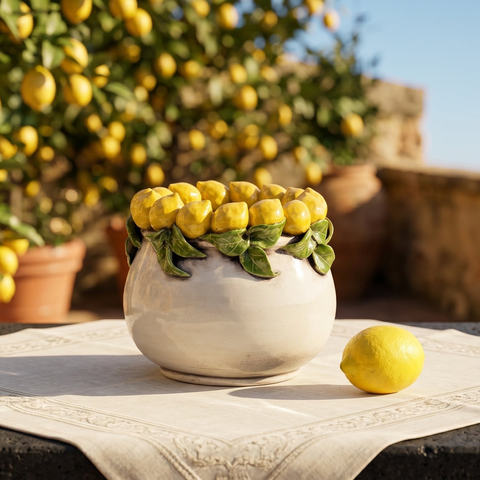 Vaso in Ceramica di Caltagirone h 16 cm - Limoni di Sicilia, Madreperla Colorato