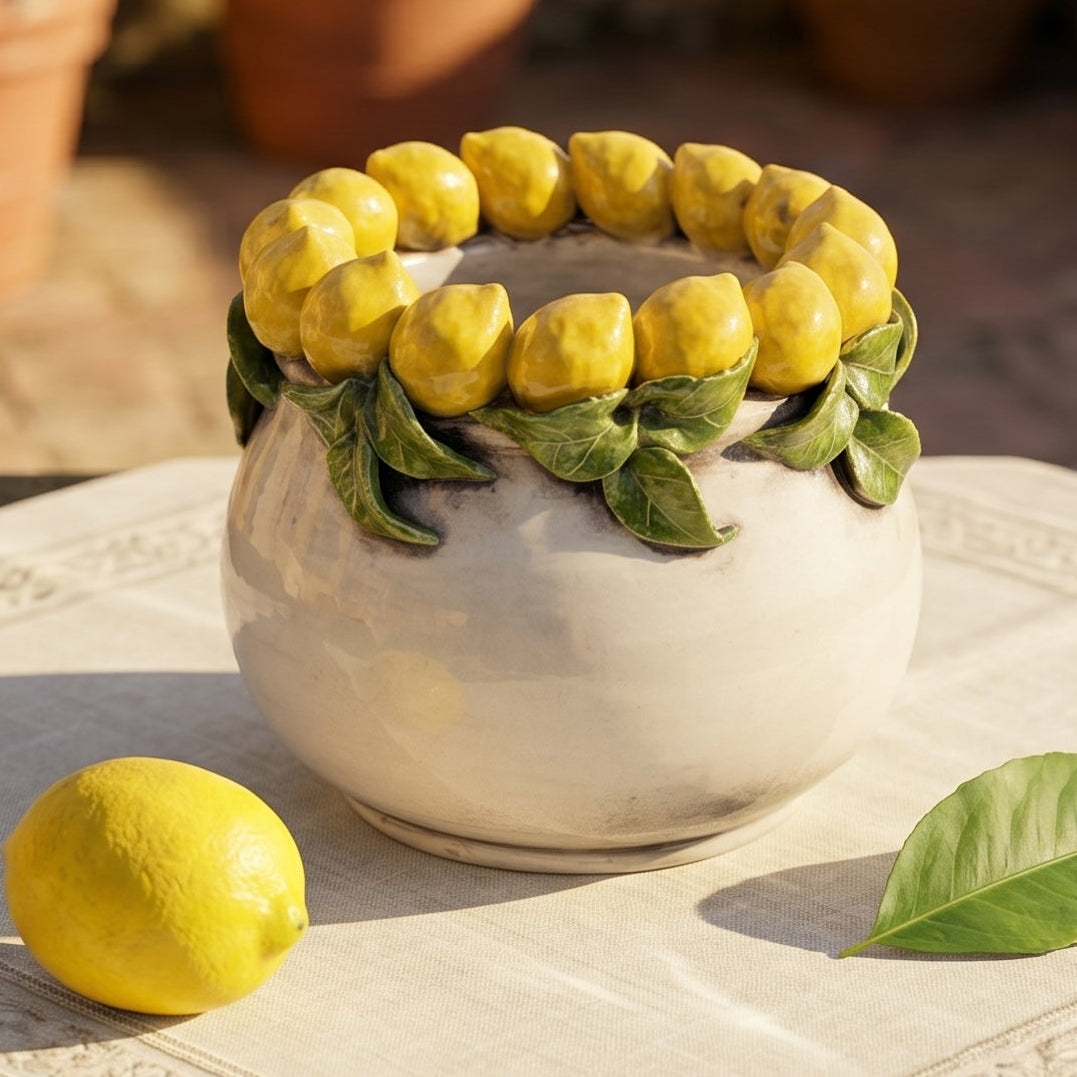Vaso in Ceramica di Caltagirone h 16 cm - Limoni di Sicilia, Madreperla Colorato