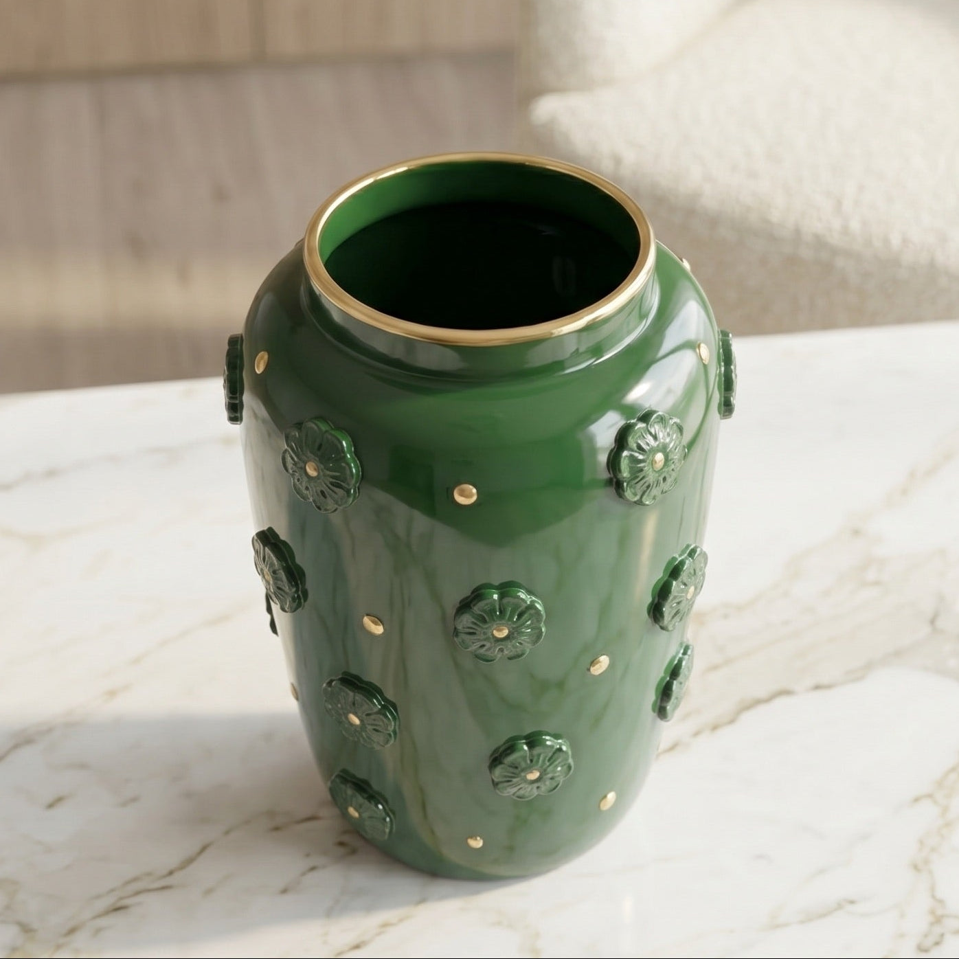 Vaso in Ceramica di Caltagirone h 37 cm - Rosone, Verde Antico e Oro