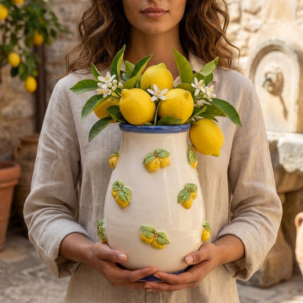 Vaso con limoni h 25 white and lemon in ceramica di Caltagirone