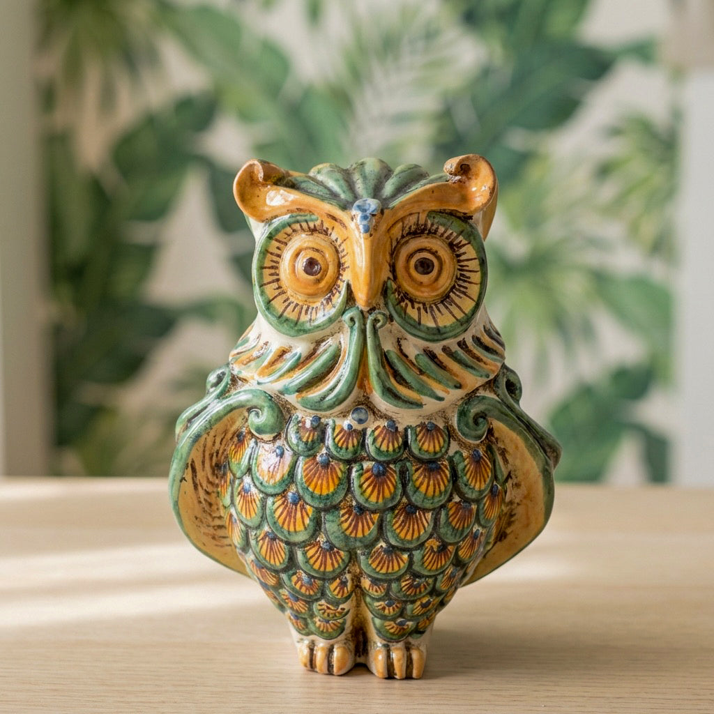Gufo in Ceramica di Caltagirone h 20 cm - Verde e Arancio