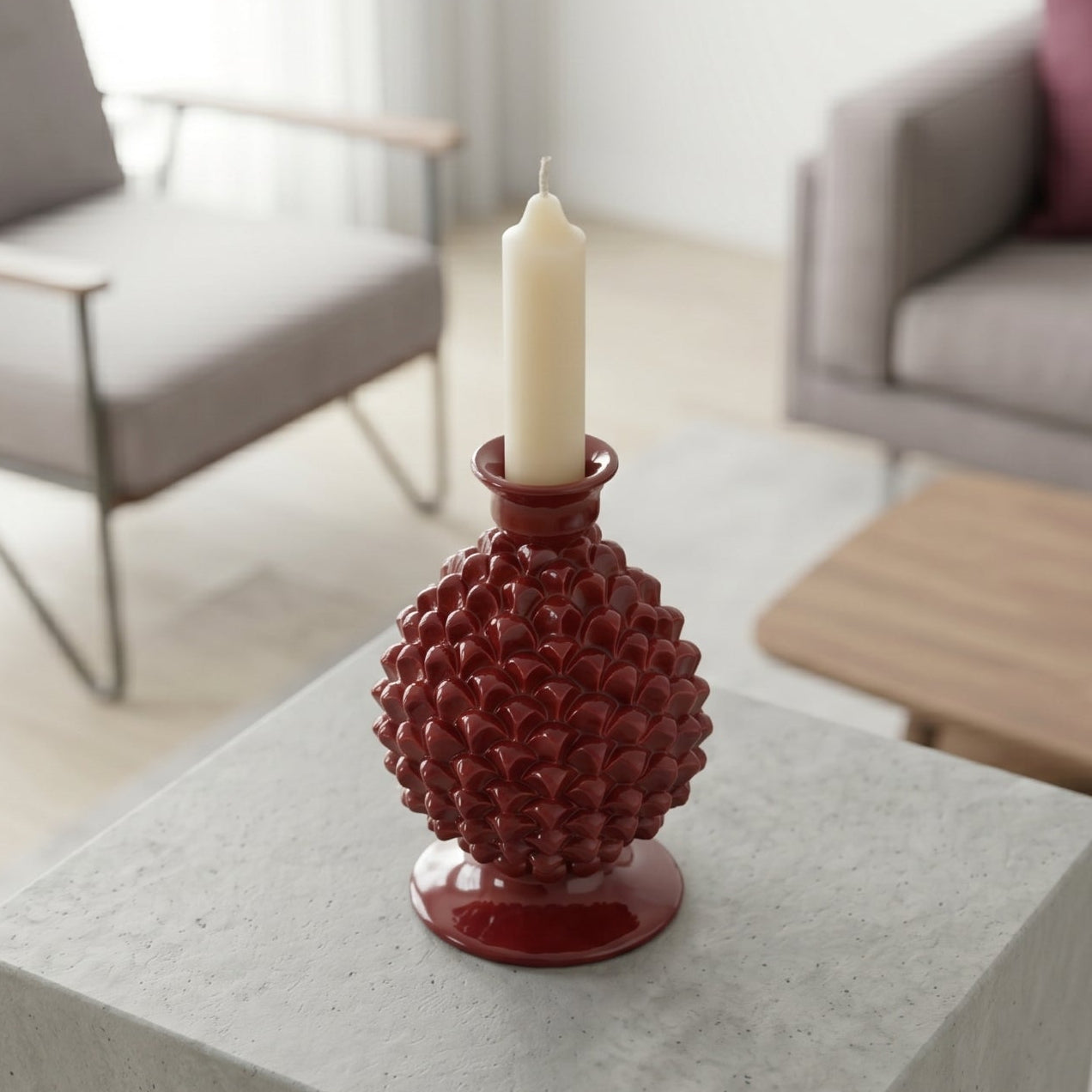 Portacandela a Pigna in Ceramica di Caltagirone h 18 cm - Bordeaux | Bomboniera