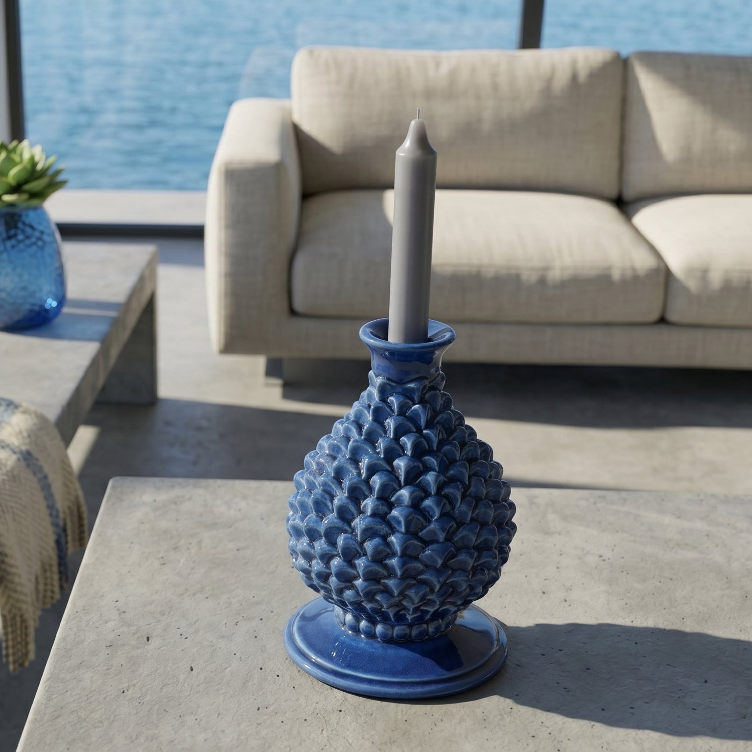 Portacandela a Pigna in Ceramica di Caltagirone h 18 cm - Blu Intenso | Bomboniera