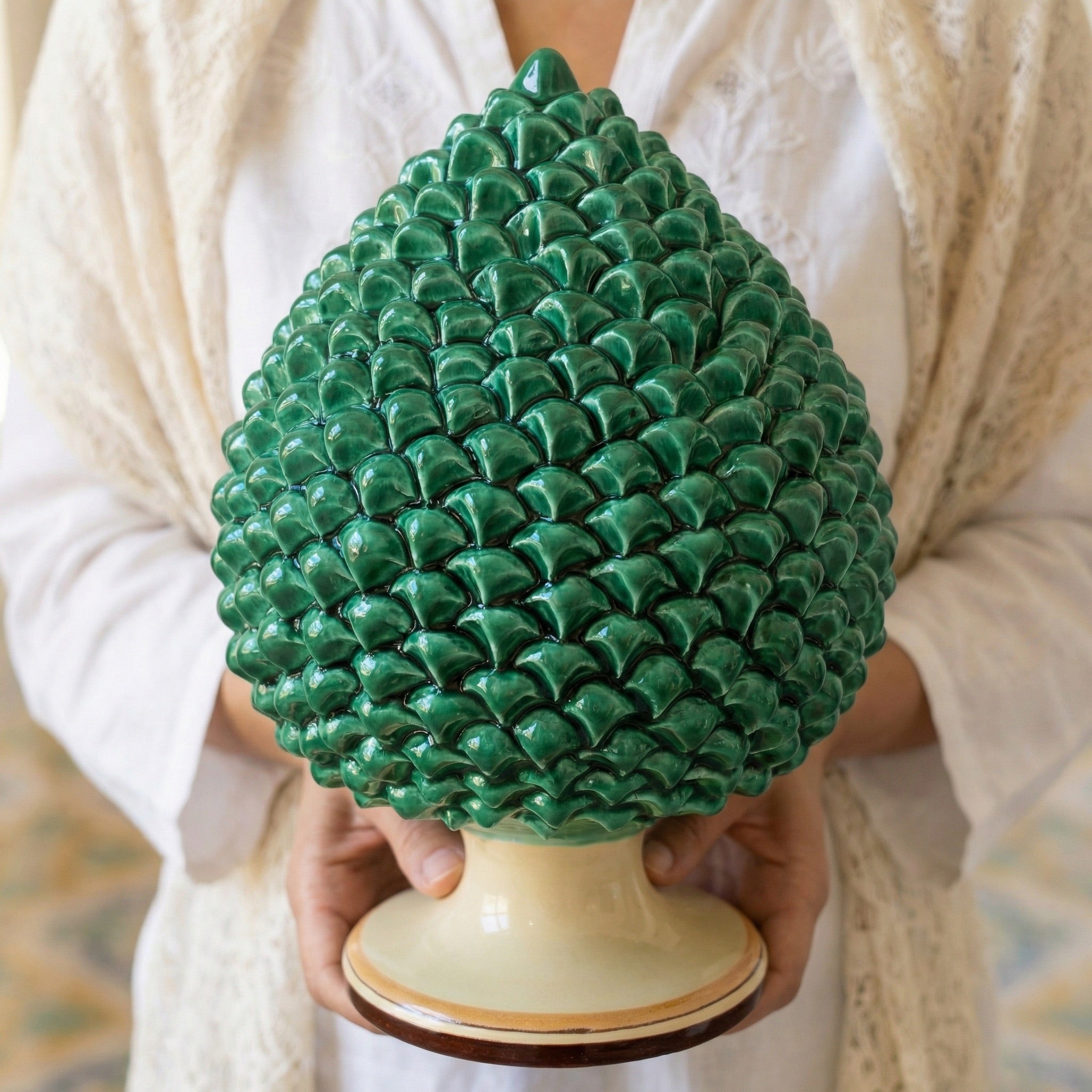 Pigna Artigianale in Ceramica di Caltagirone h 15/40 cm - Verde e Arancio