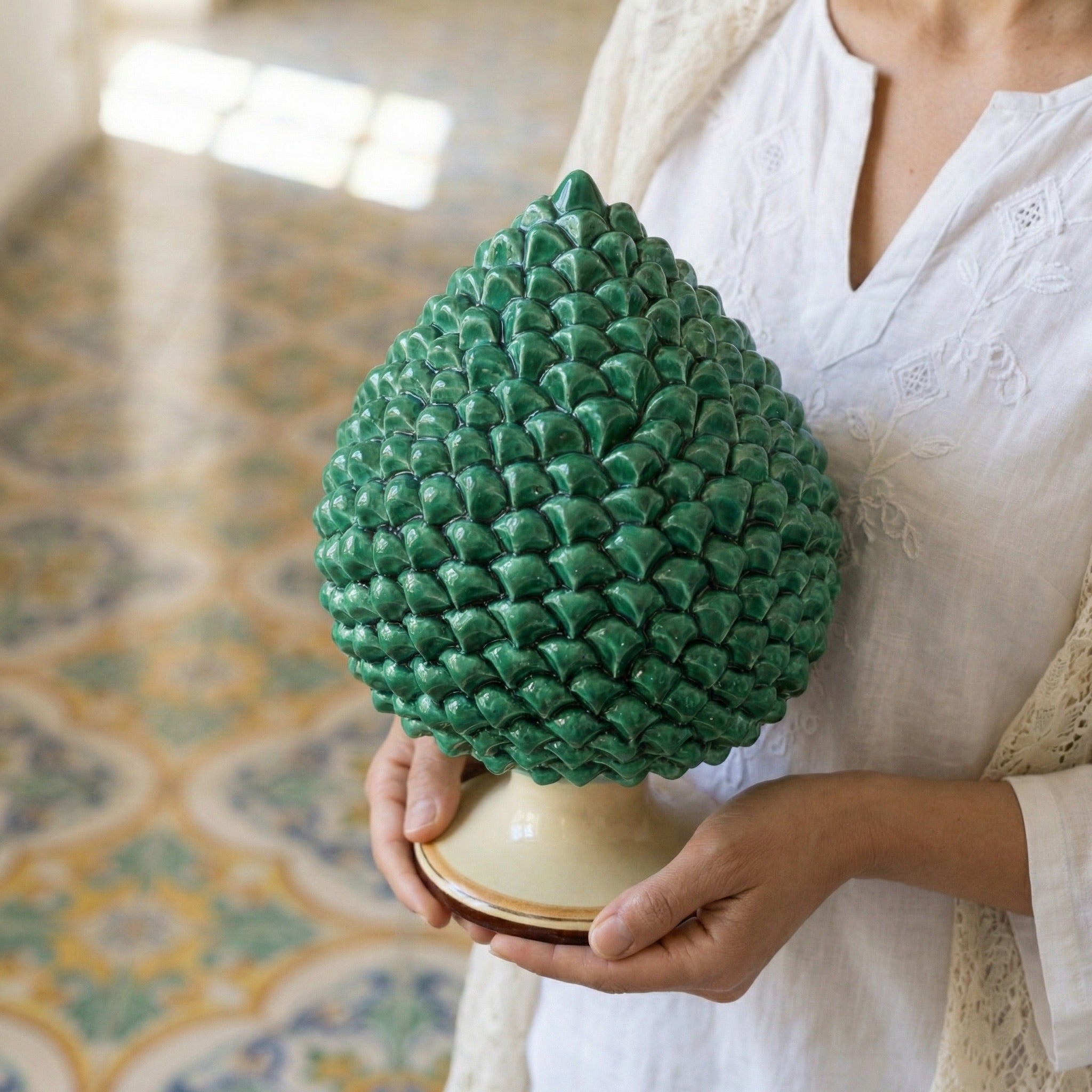 Pigna Artigianale in Ceramica di Caltagirone h 15/40 cm - Verde e Arancio