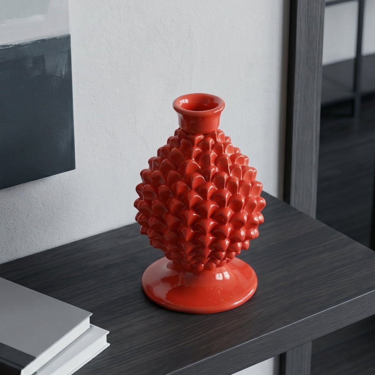 Portacandela a Pigna in Ceramica di Caltagirone h 18 cm - Rosso Fuoco | Bomboniera