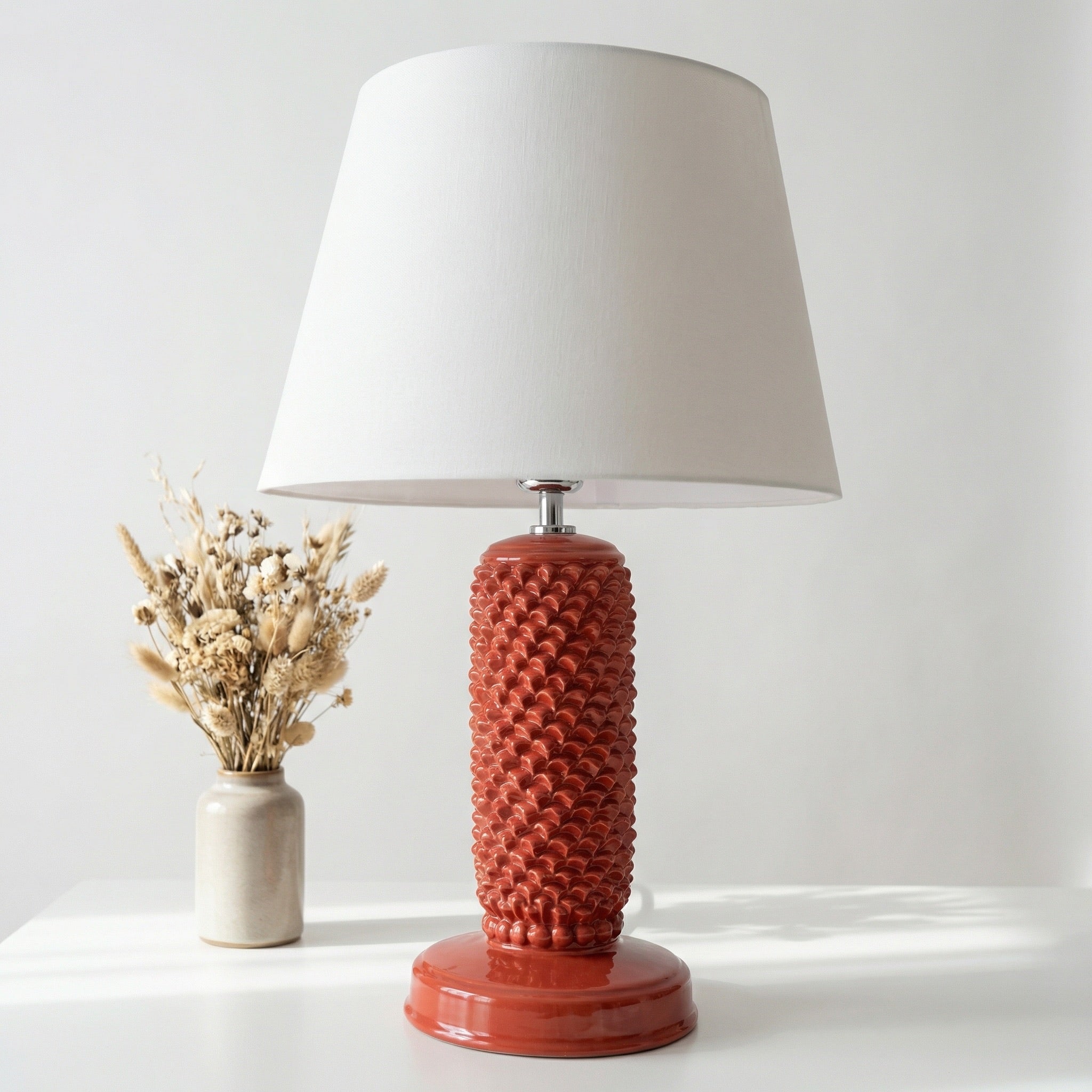 Lume Pigna Cilindro in Ceramica di Caltagirone h 60 cm - Rosso Fuoco