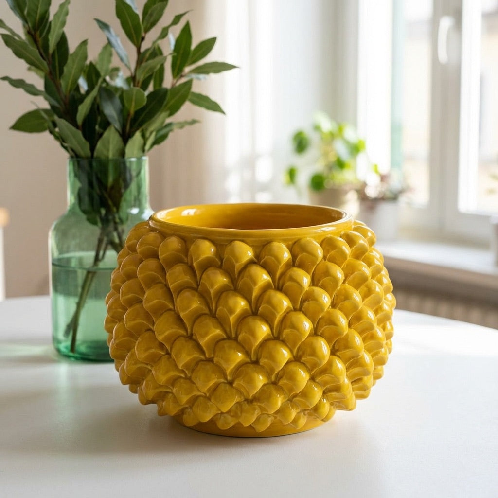 Vaso Mezza Pigna Senza Piede in Ceramica di Caltagirone - Senape