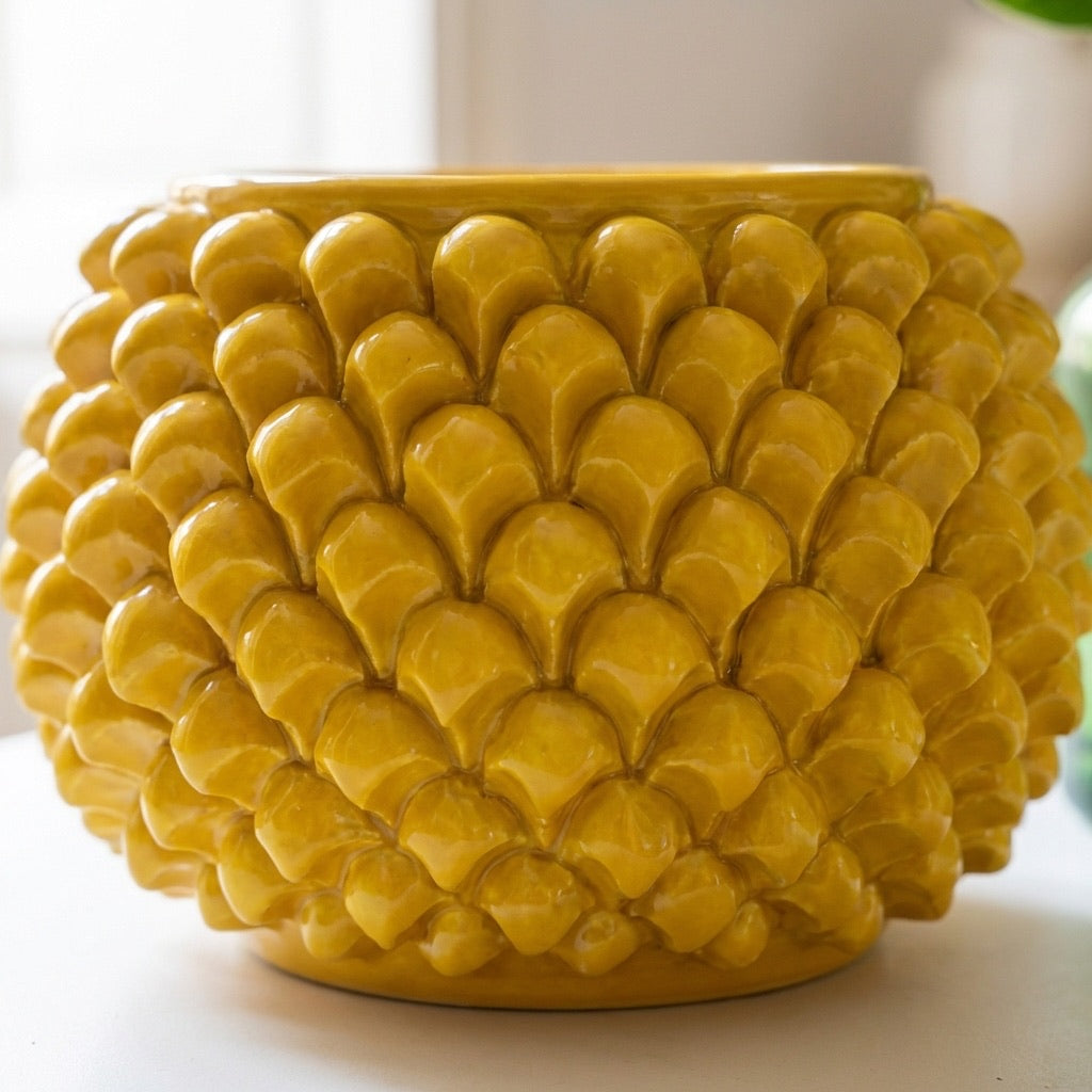 Vaso Mezza Pigna Senza Piede in Ceramica di Caltagirone - Senape